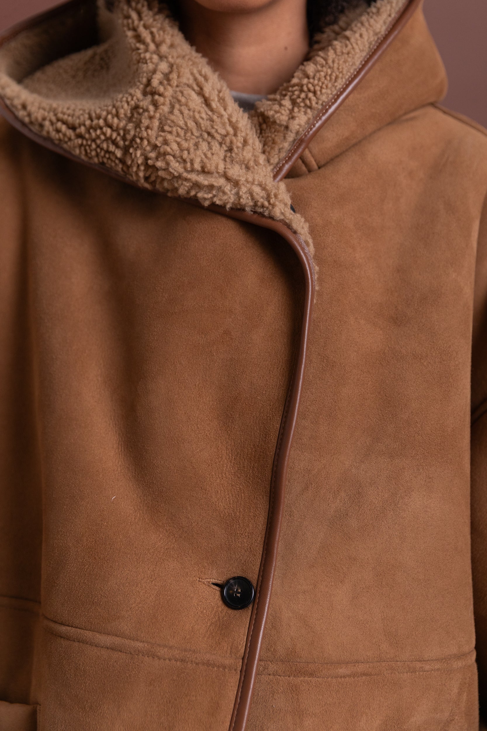REVERSIBLE HOLLAND COAT IN TAN CURLY SUEDE SHEEPSKIN