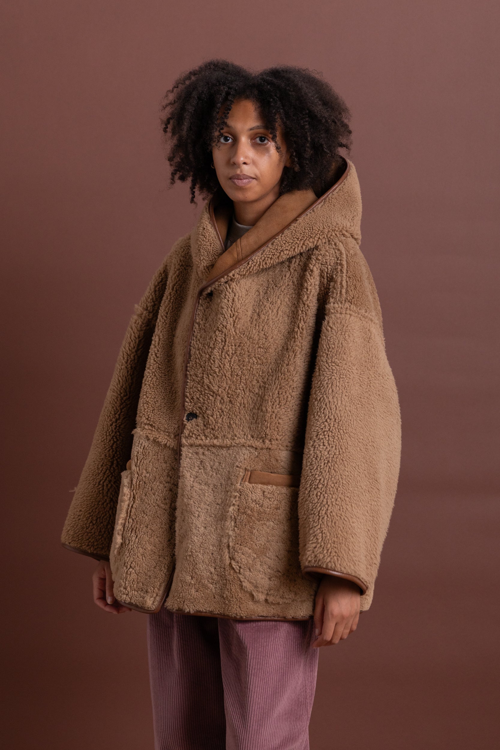 REVERSIBLE HOLLAND COAT IN TAN CURLY SUEDE SHEEPSKIN
