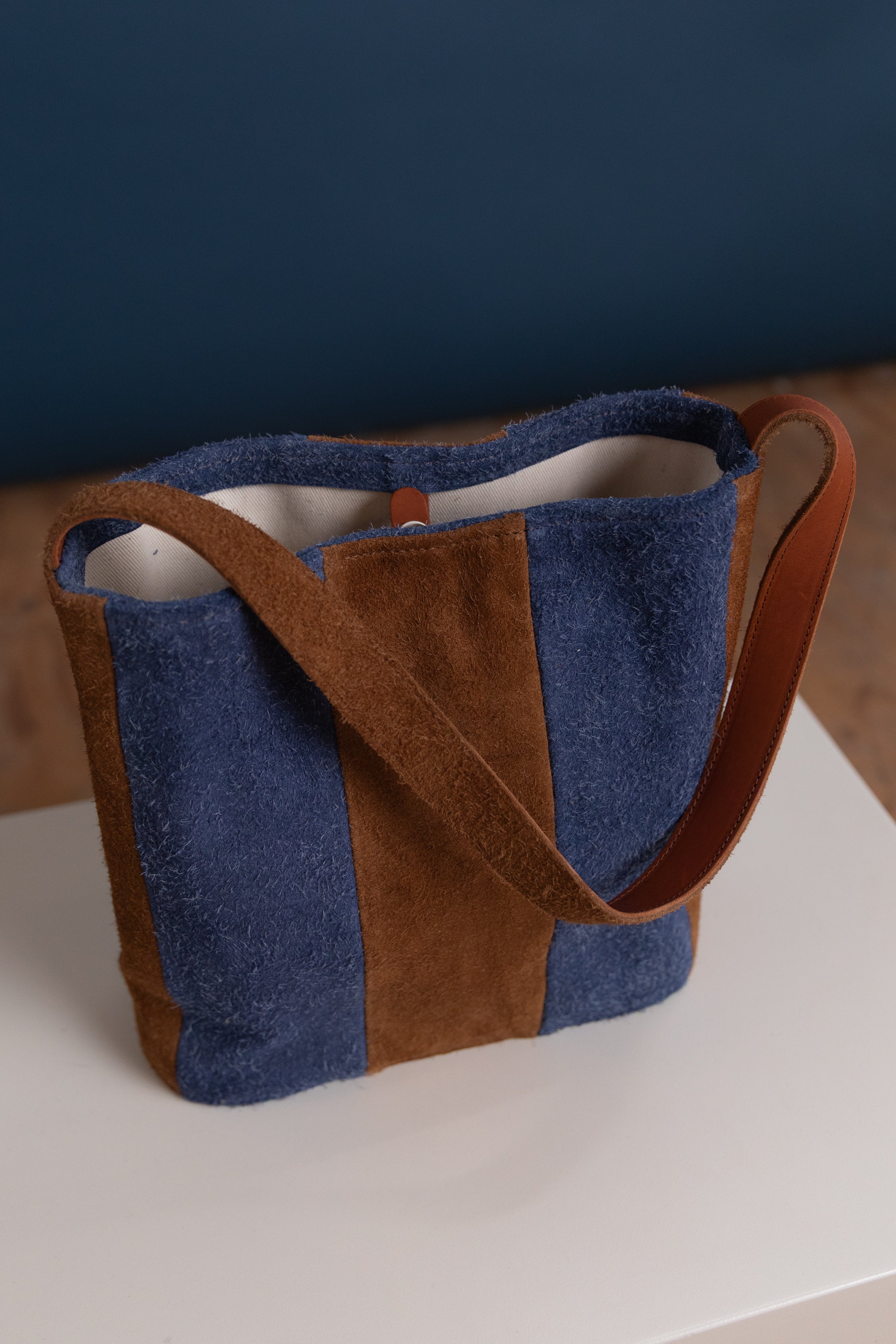 STRIPED SHOULDER BAG IN ITALIAN NAPPED SUEDE