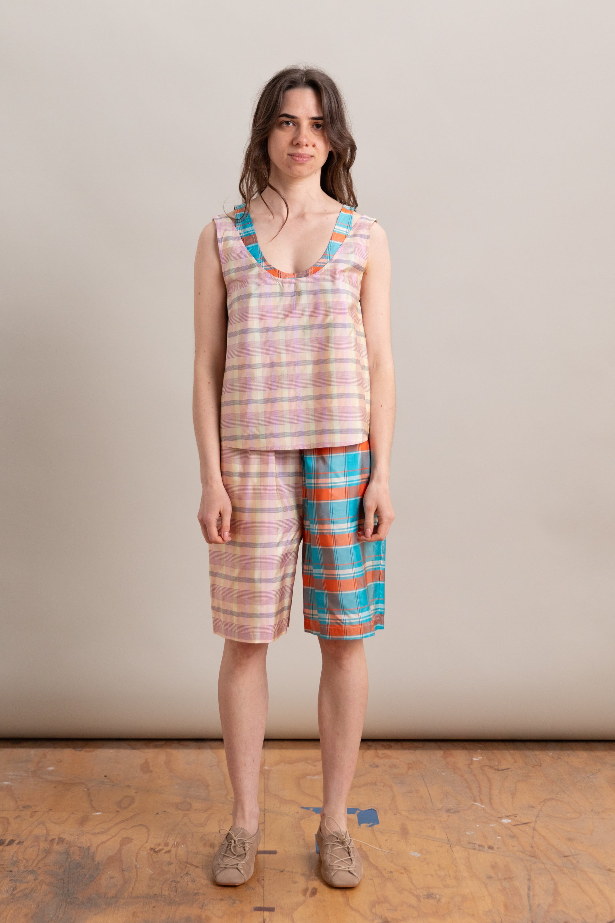 DUO TANK IN MIXED PLAIDS SILK TAFFETA