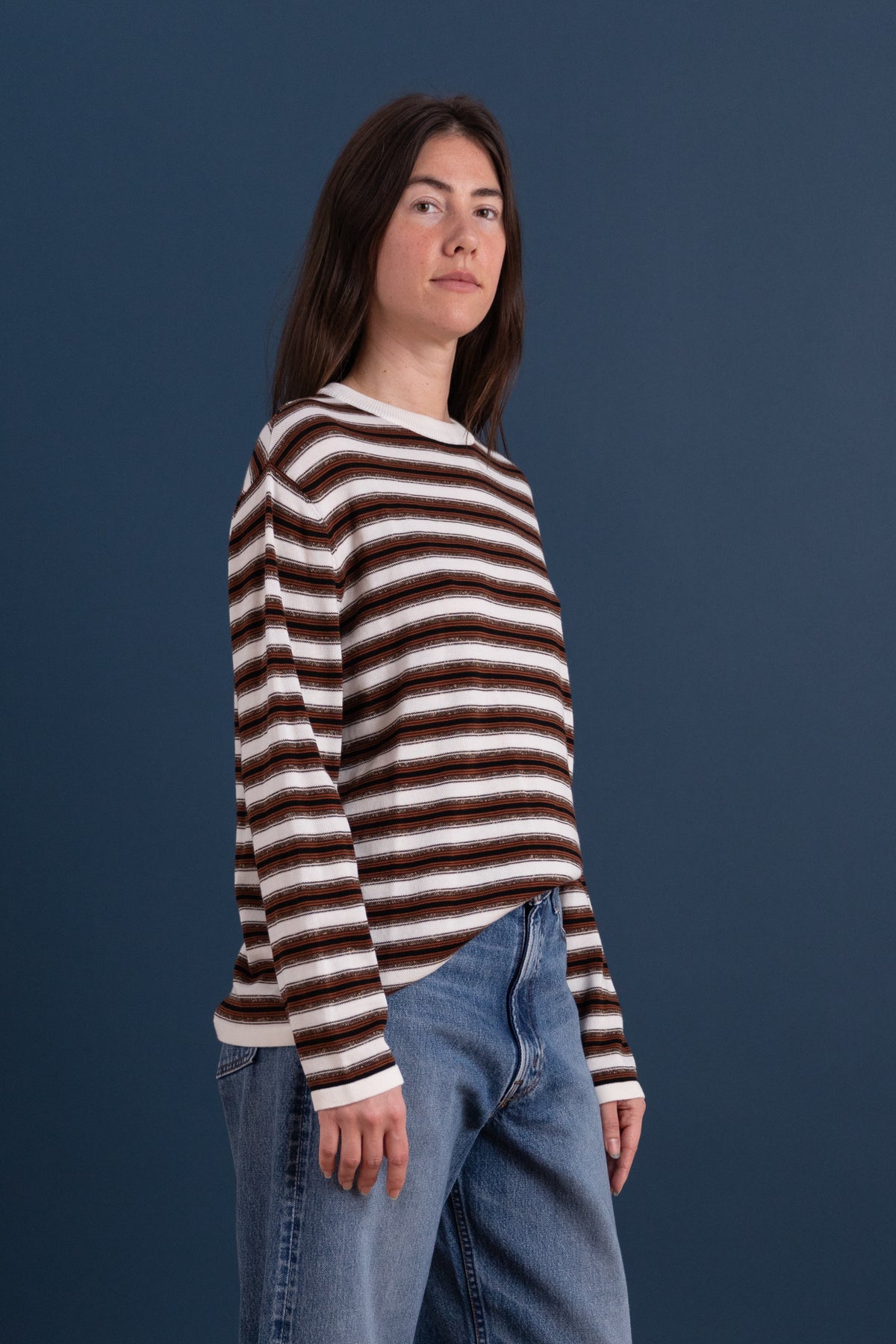 STRIPED LONG SLEEVE TEE IN WHITE COTTON