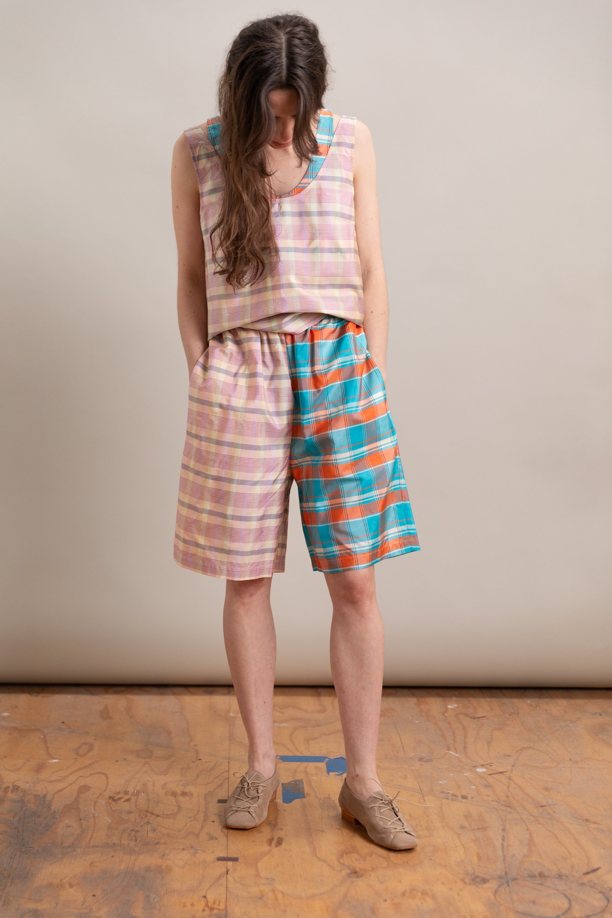 ELIO SHORT IN MIXED PLAIDS SILK TAFFETA