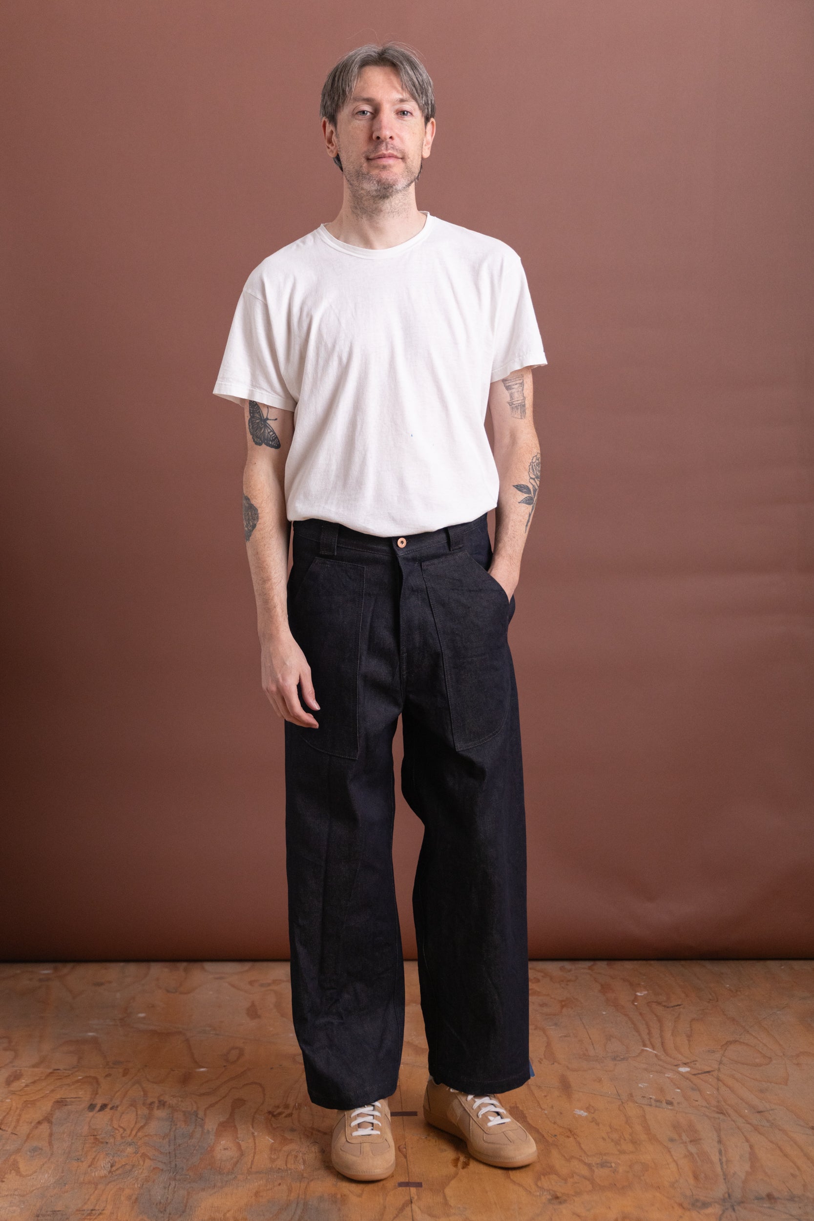 BAKER PANT IN INDIGO AND BROWN DENIM