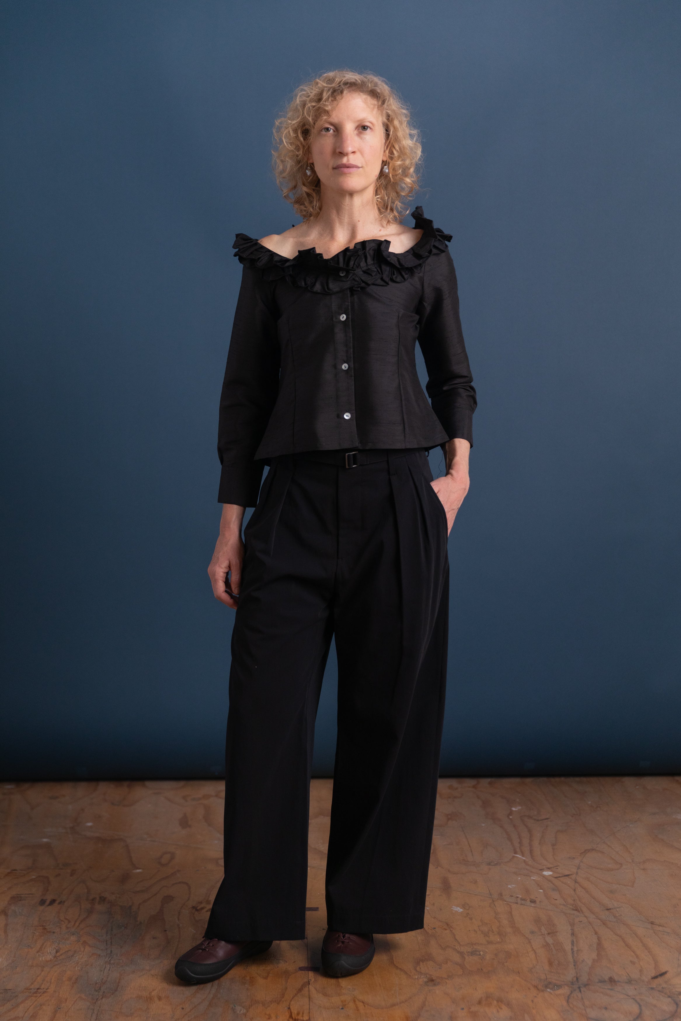 BELTED HIGH WAIST BAGGY PANTS IN BLACK COTTON