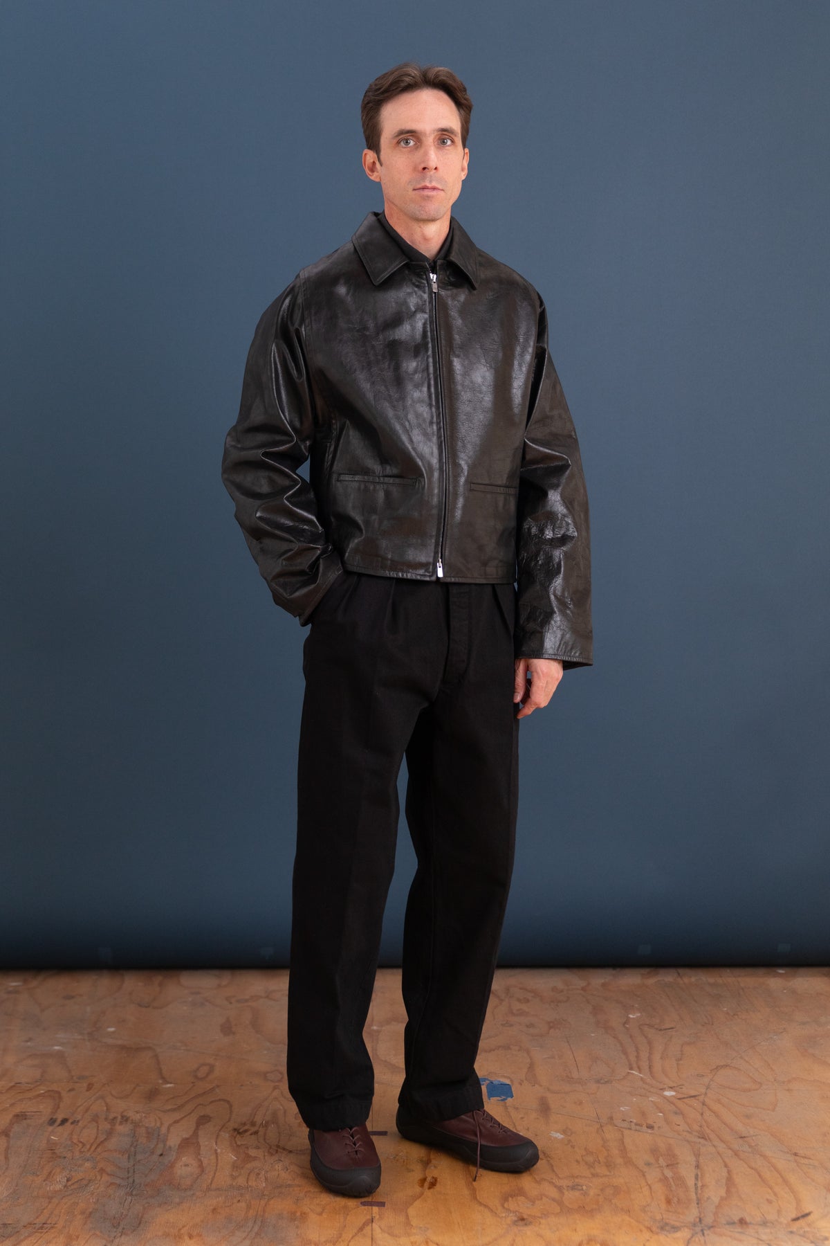 MODIFIED SLEEVE MOTOR JACKET IN BLACK LEATHER