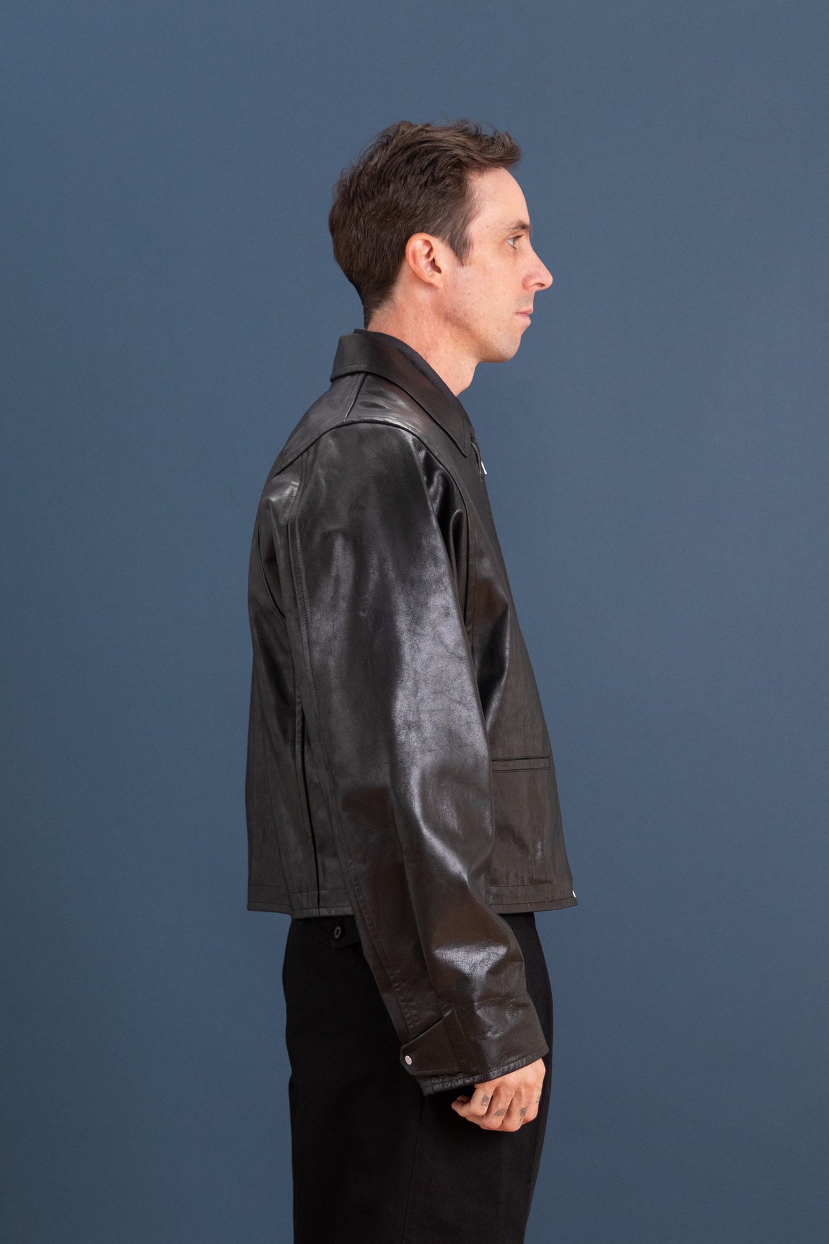 MODIFIED SLEEVE MOTOR JACKET IN BLACK LEATHER