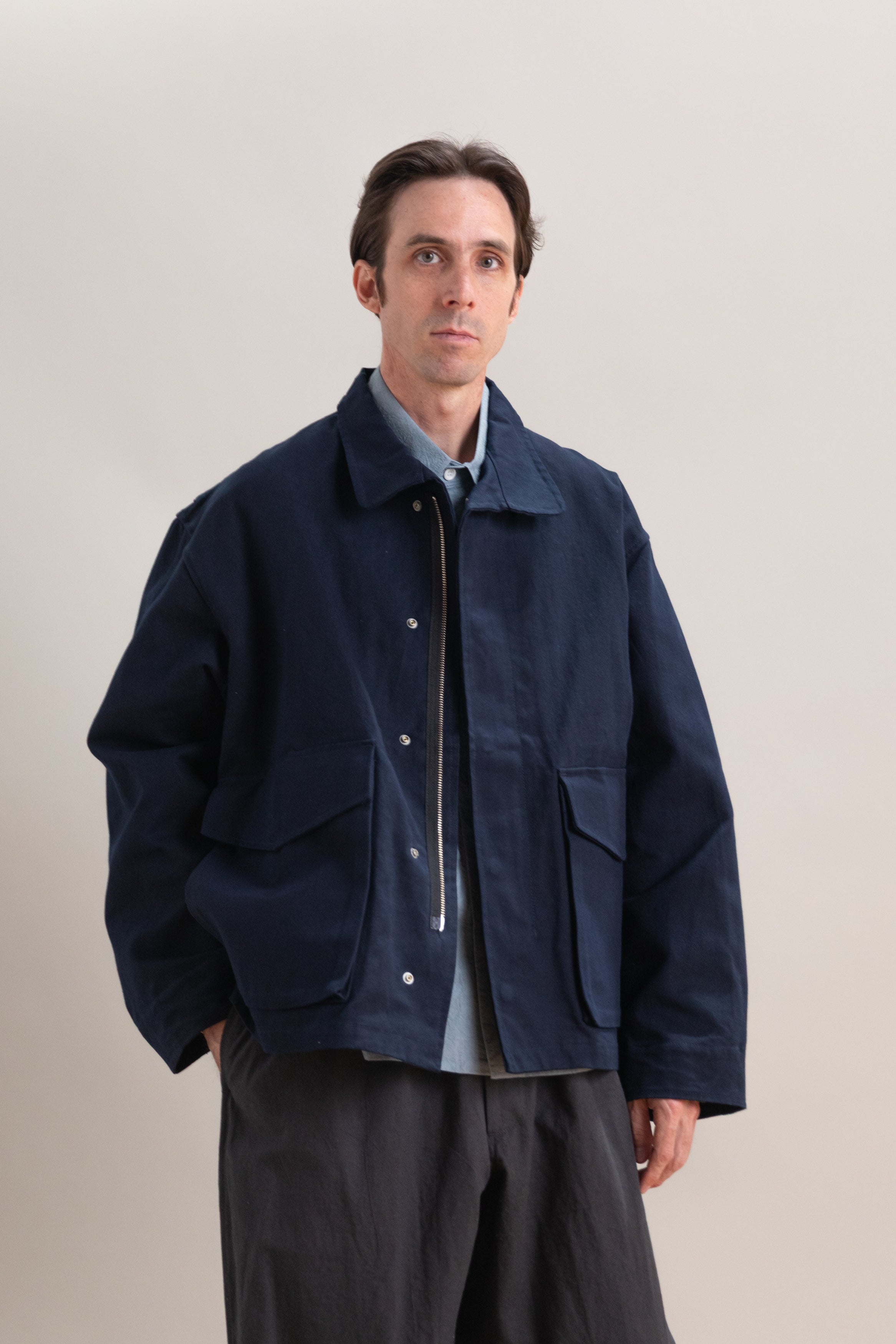 SIX JACKET IN NAVY WAXED COTTON/WASHI OXFORD CLOTH