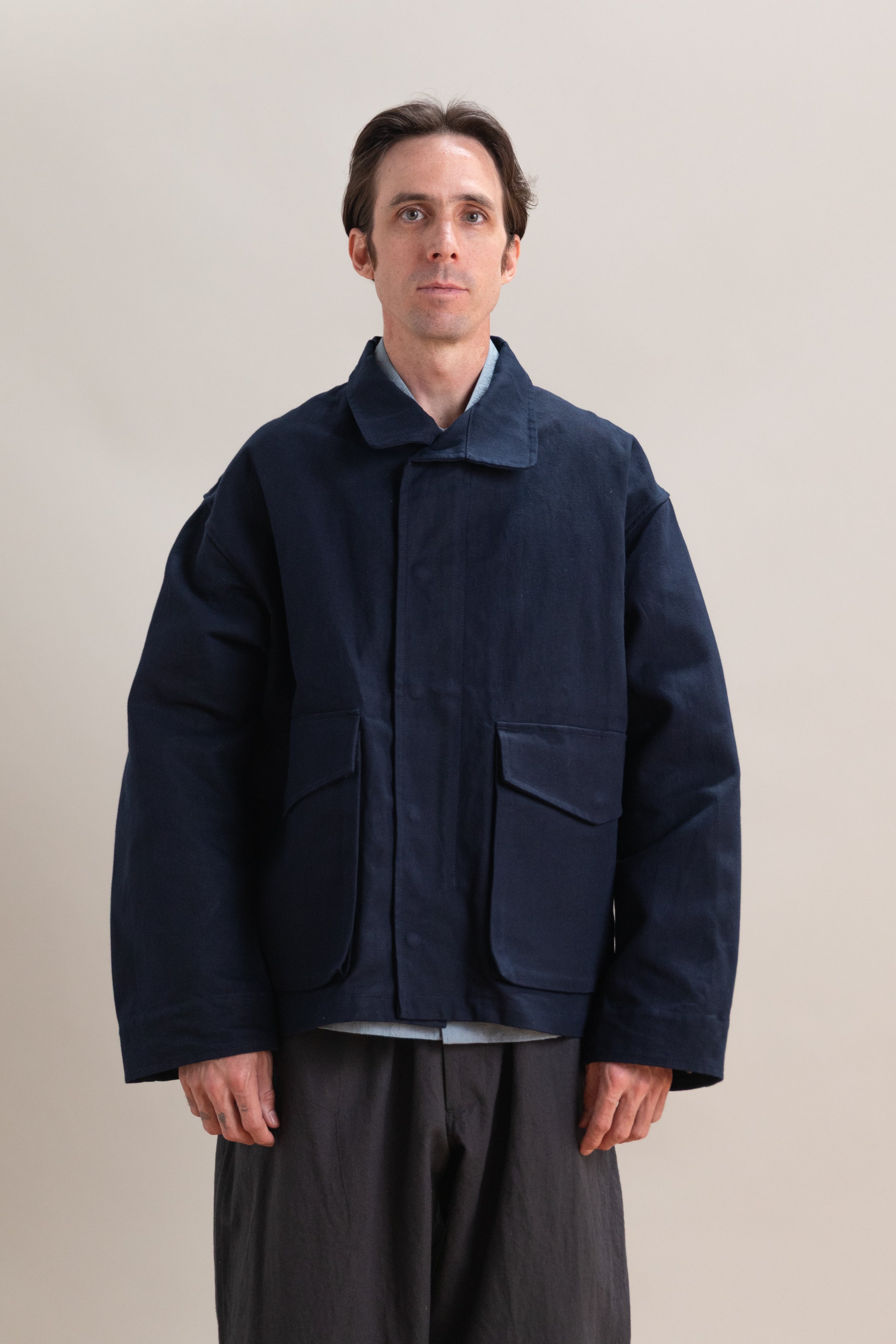 SIX JACKET IN NAVY WAXED COTTON/WASHI OXFORD CLOTH