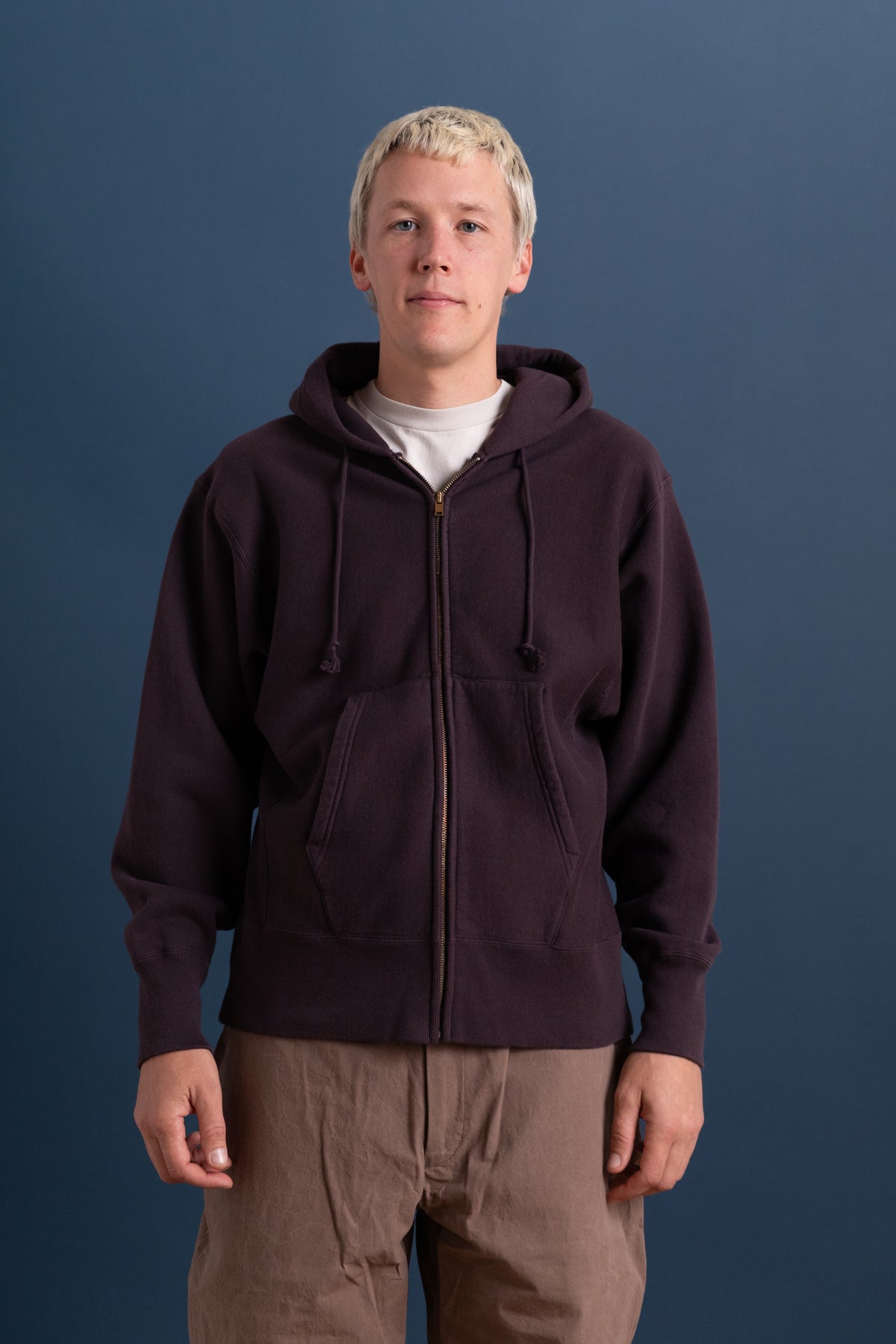 FRONT ZIP HOODIE IN BROWN VIOLET LOOP WHEEL TERRY