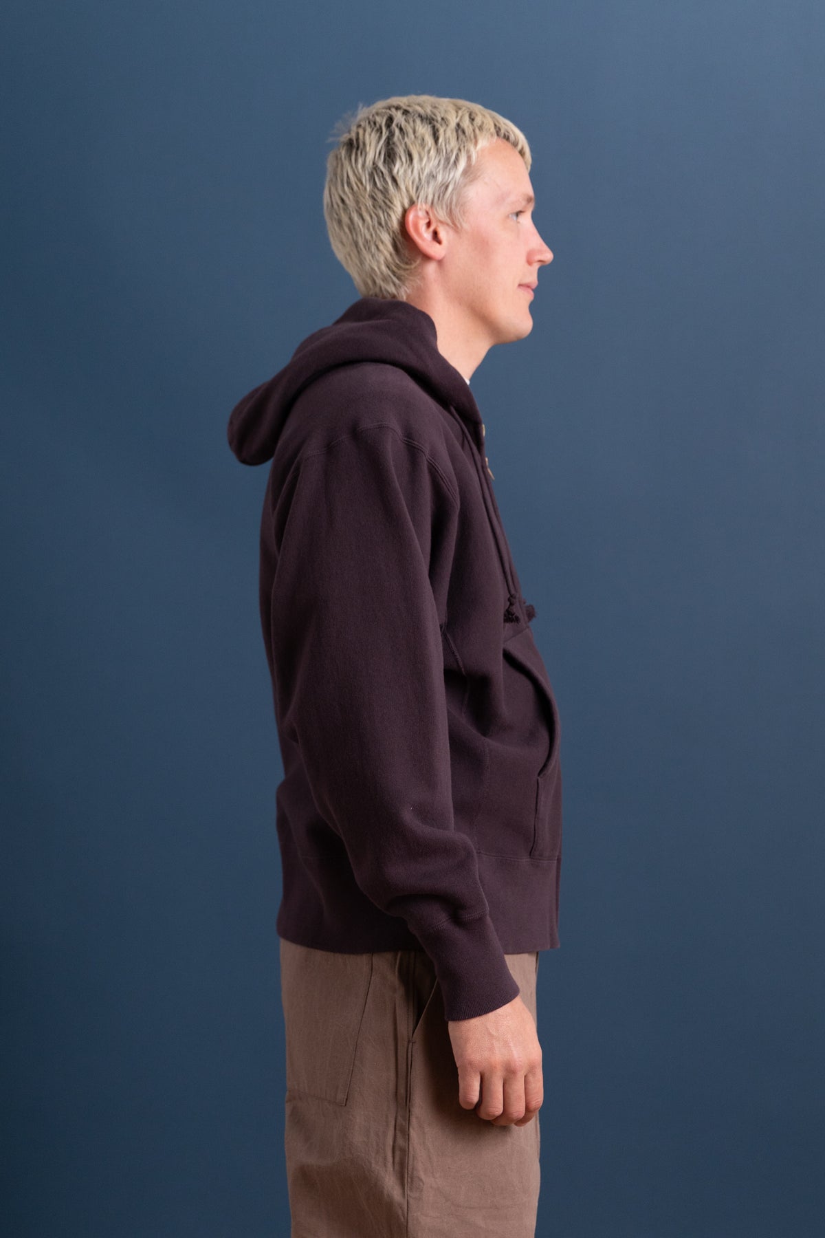 FRONT ZIP HOODIE IN BROWN VIOLET LOOP WHEEL TERRY