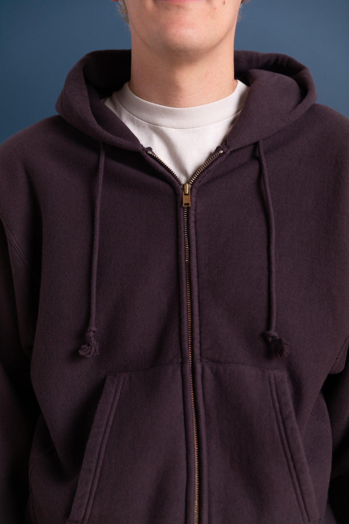 FRONT ZIP HOODIE IN BROWN VIOLET LOOP WHEEL TERRY