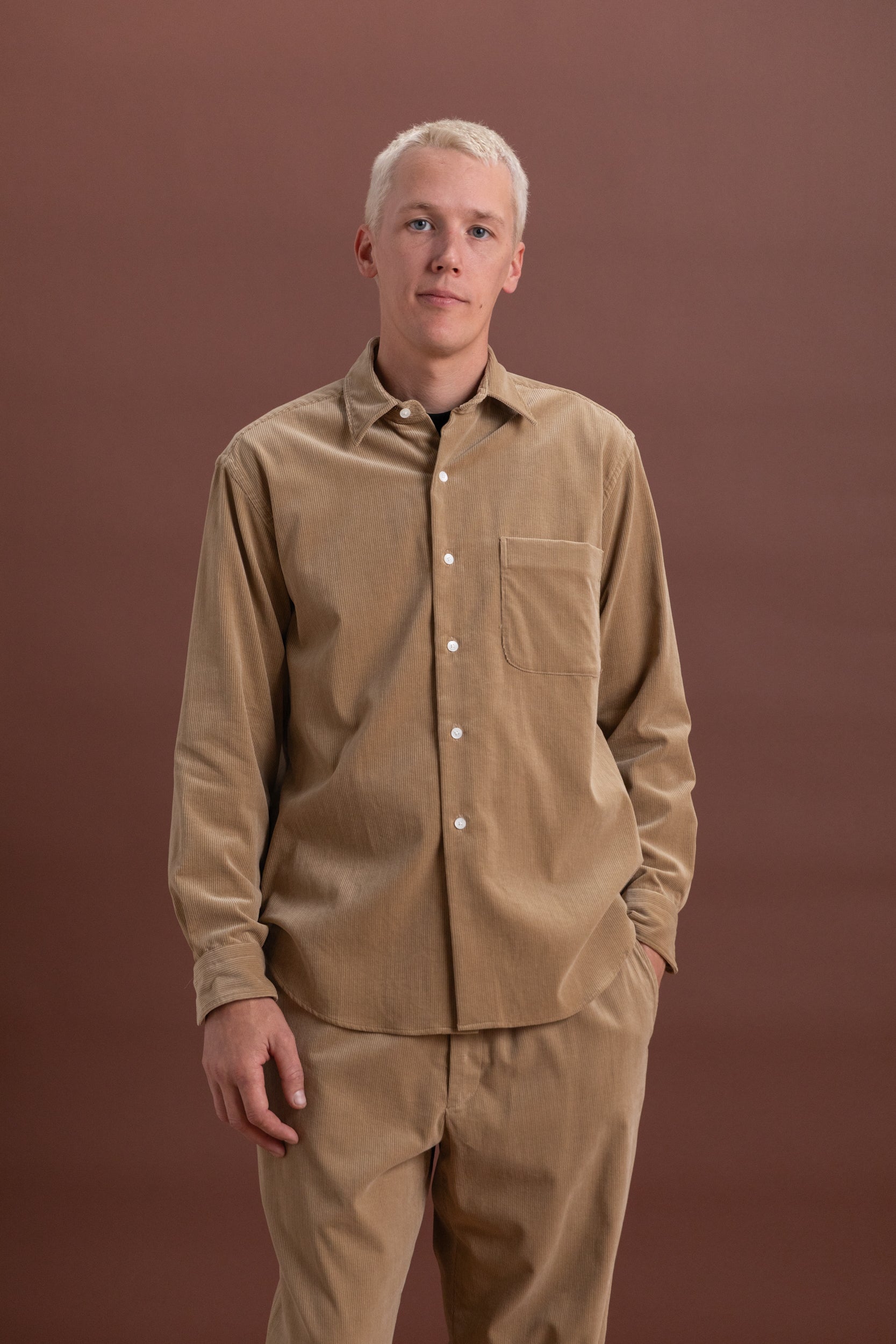 SUVIN CORDUROY REGULAR COLLARED SHIRT IN ALMOND SUVIN CORDUROY REGULAR COLLARED SHIRT IN ALMOND