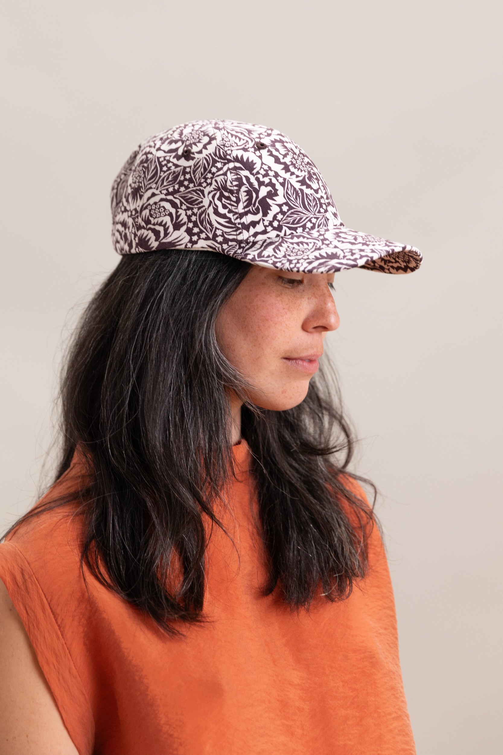 BROWN AND OFF WHITE FLORAL COTTON CANVAS CAP