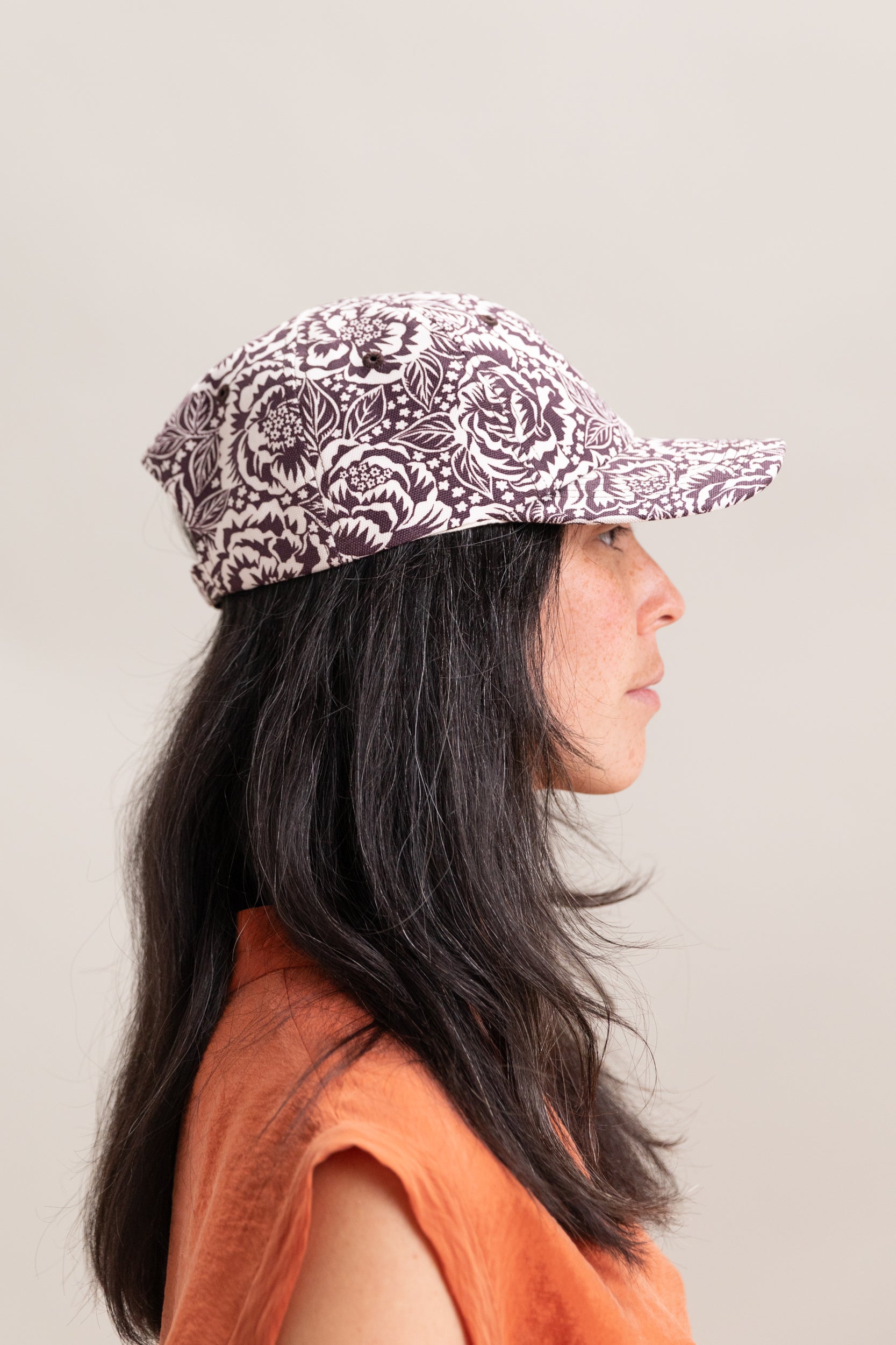 BROWN AND OFF WHITE FLORAL COTTON CANVAS CAP