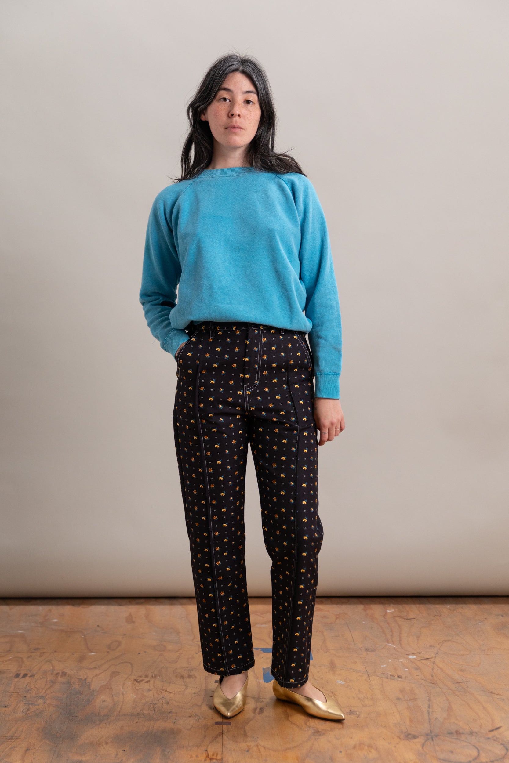 FLORAL CANVAS PINTUCK PANTS