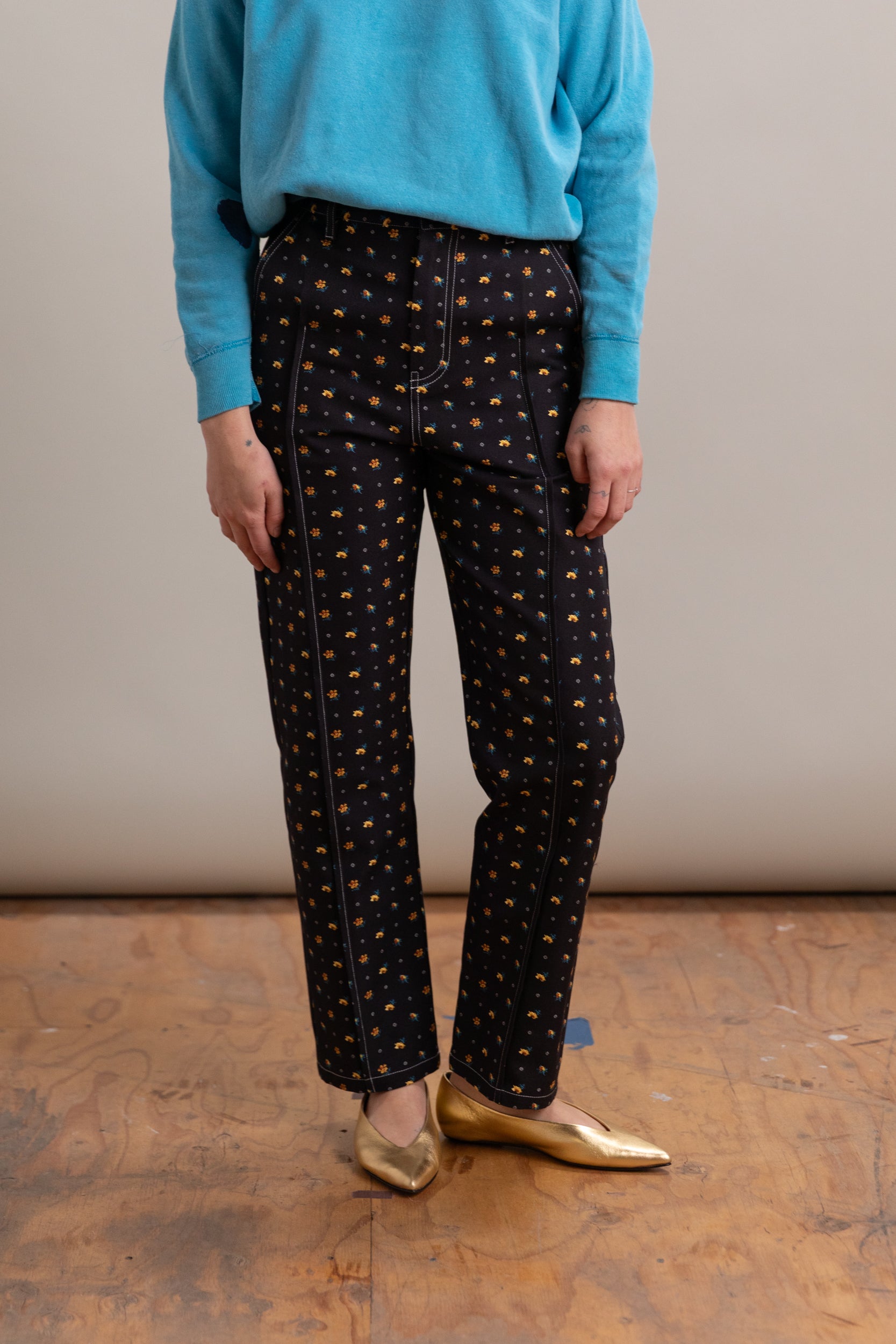 FLORAL CANVAS PINTUCK PANTS