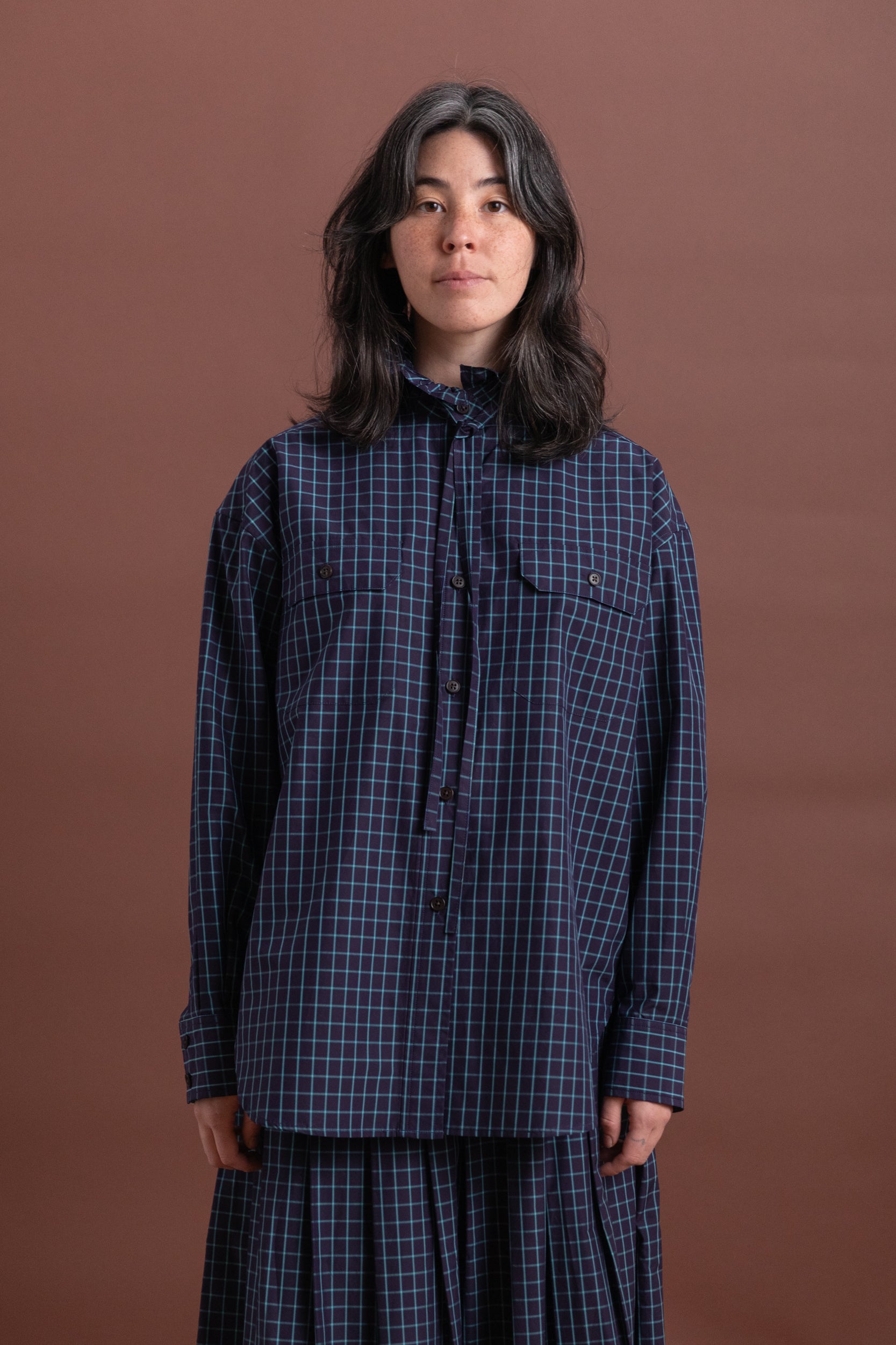 OVERSIZED RUFFLE NECK TOP IN ITALIAN WINDOWPANE COTTON