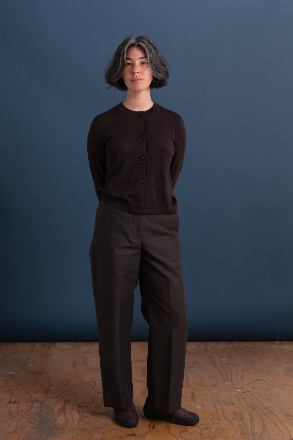 CARDIGAN WITH GROSGRAIN PLACKET IN DARK BROWN MERINO WOOL