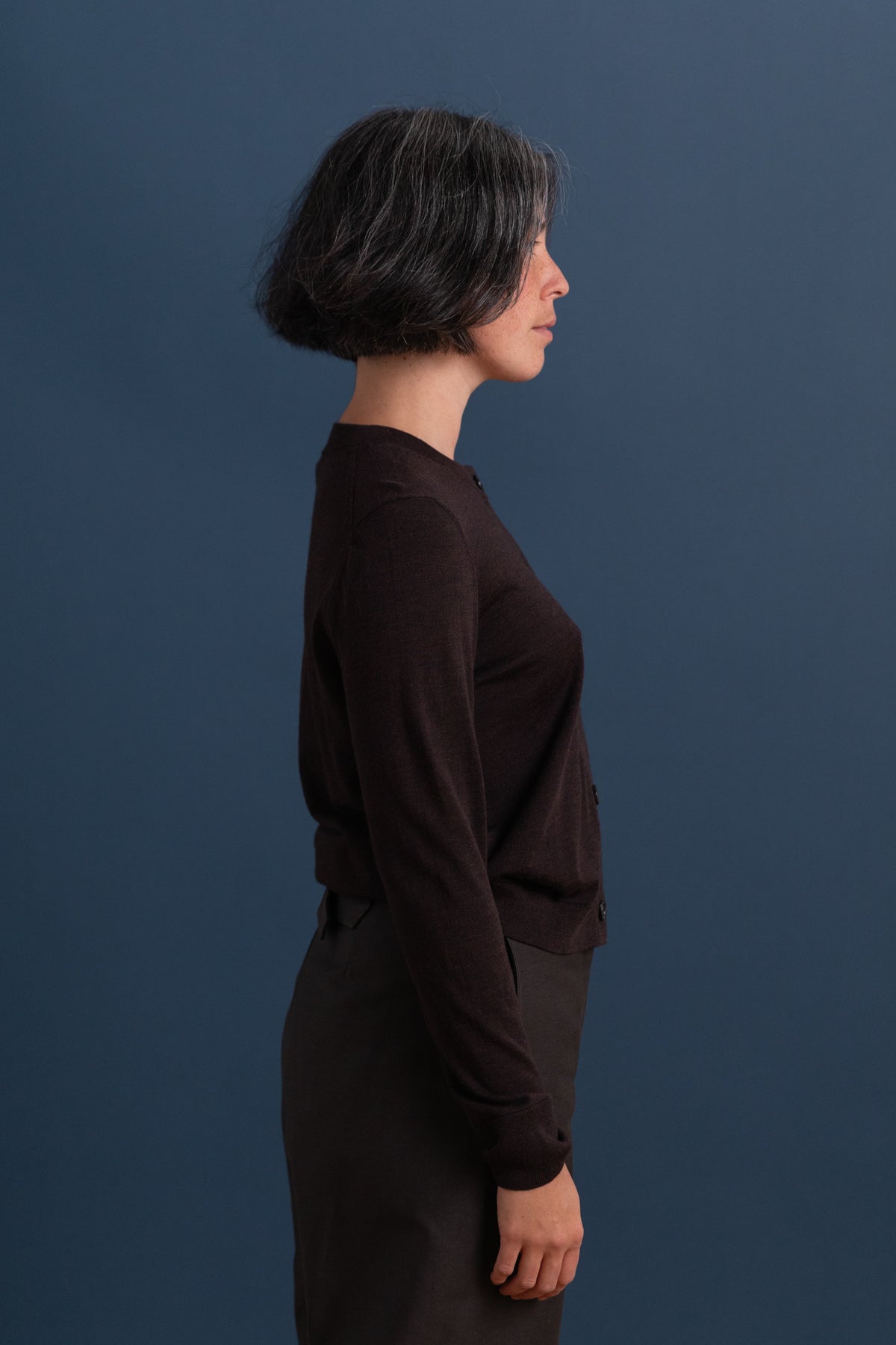 CARDIGAN WITH GROSGRAIN PLACKET IN DARK BROWN MERINO WOOL