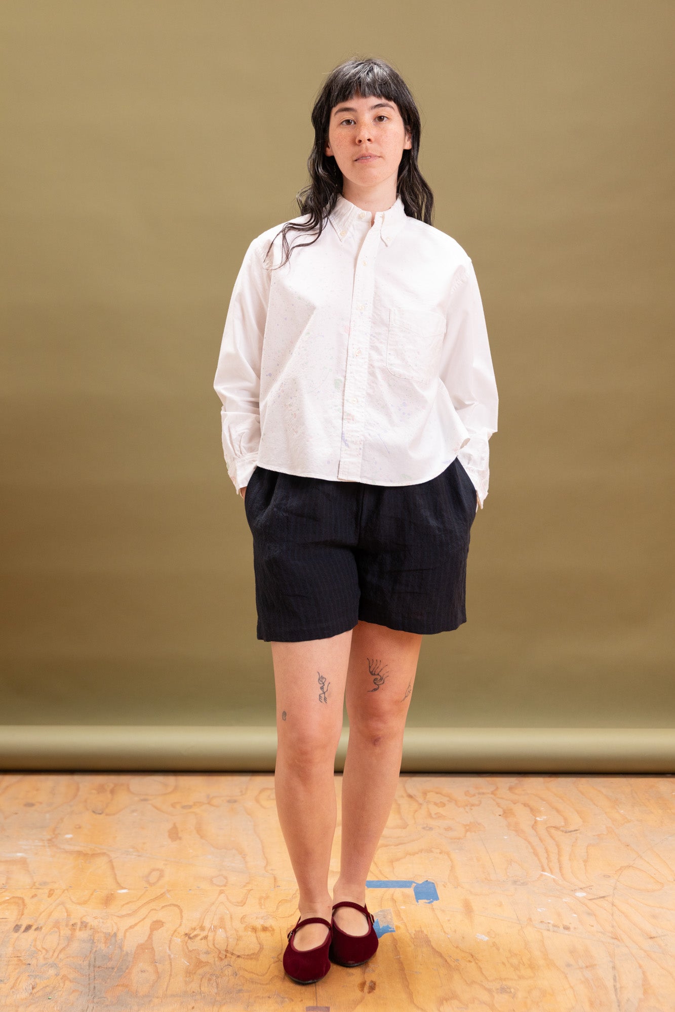 SHORT BUTTON DOWN SHIRT WITH PAINT SPLATTERS