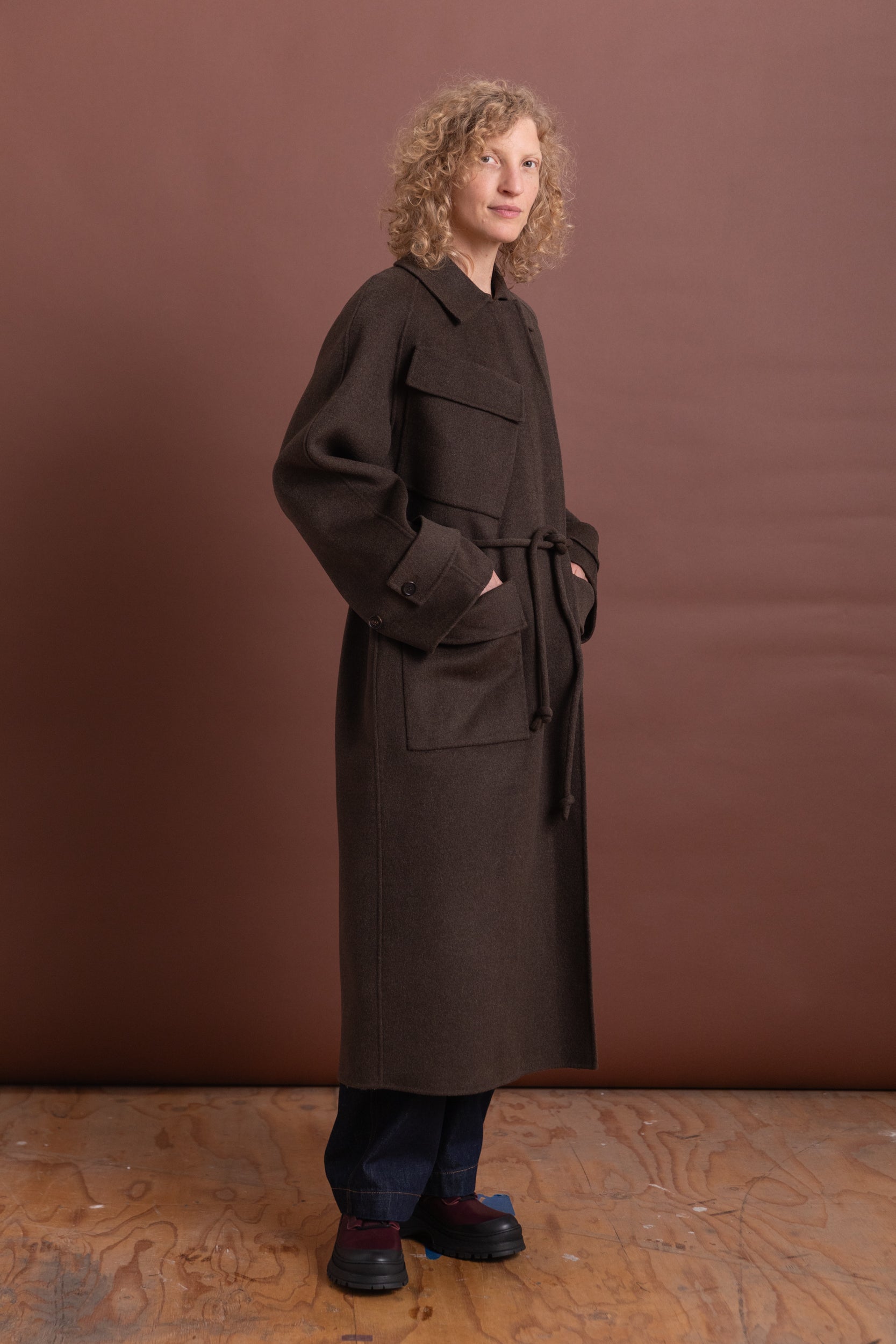 ALVES TRENCH IN BROWN MELANGE DOUBLEFACE TWILL WOOL