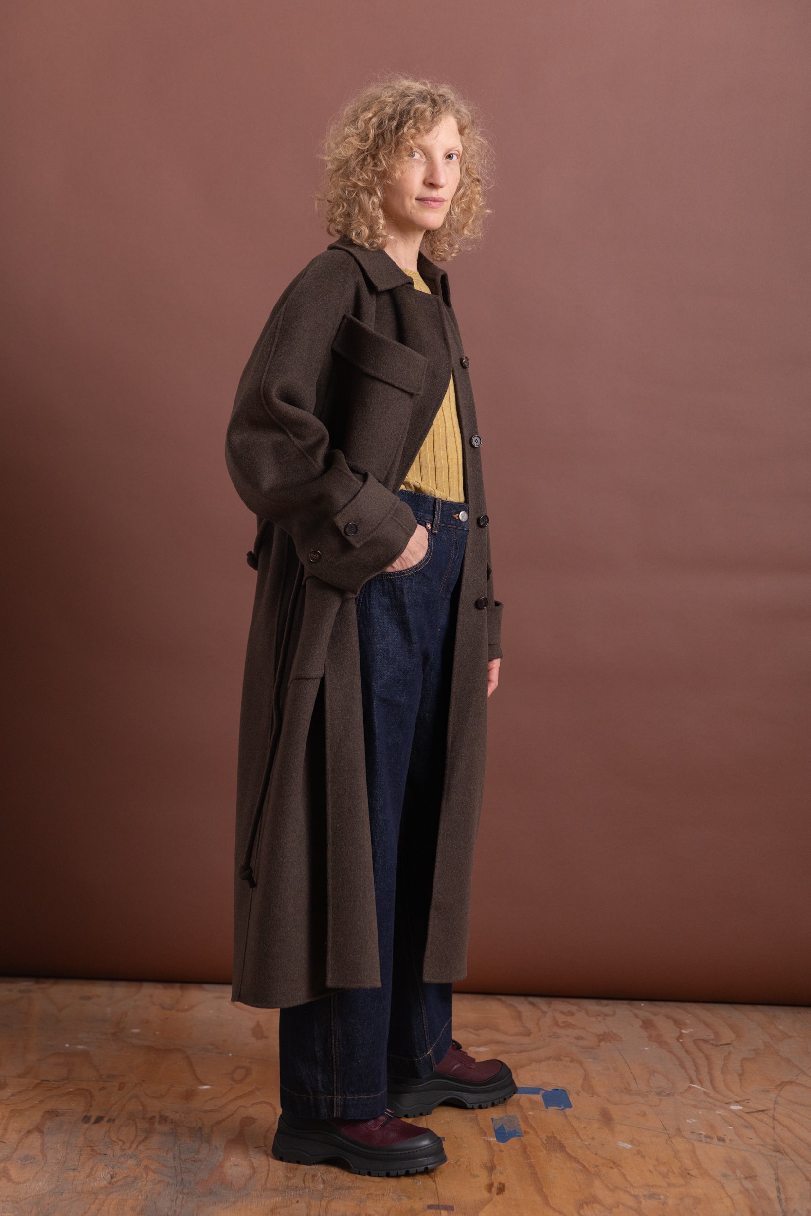 ALVES TRENCH IN BROWN MELANGE DOUBLEFACE TWILL WOOL