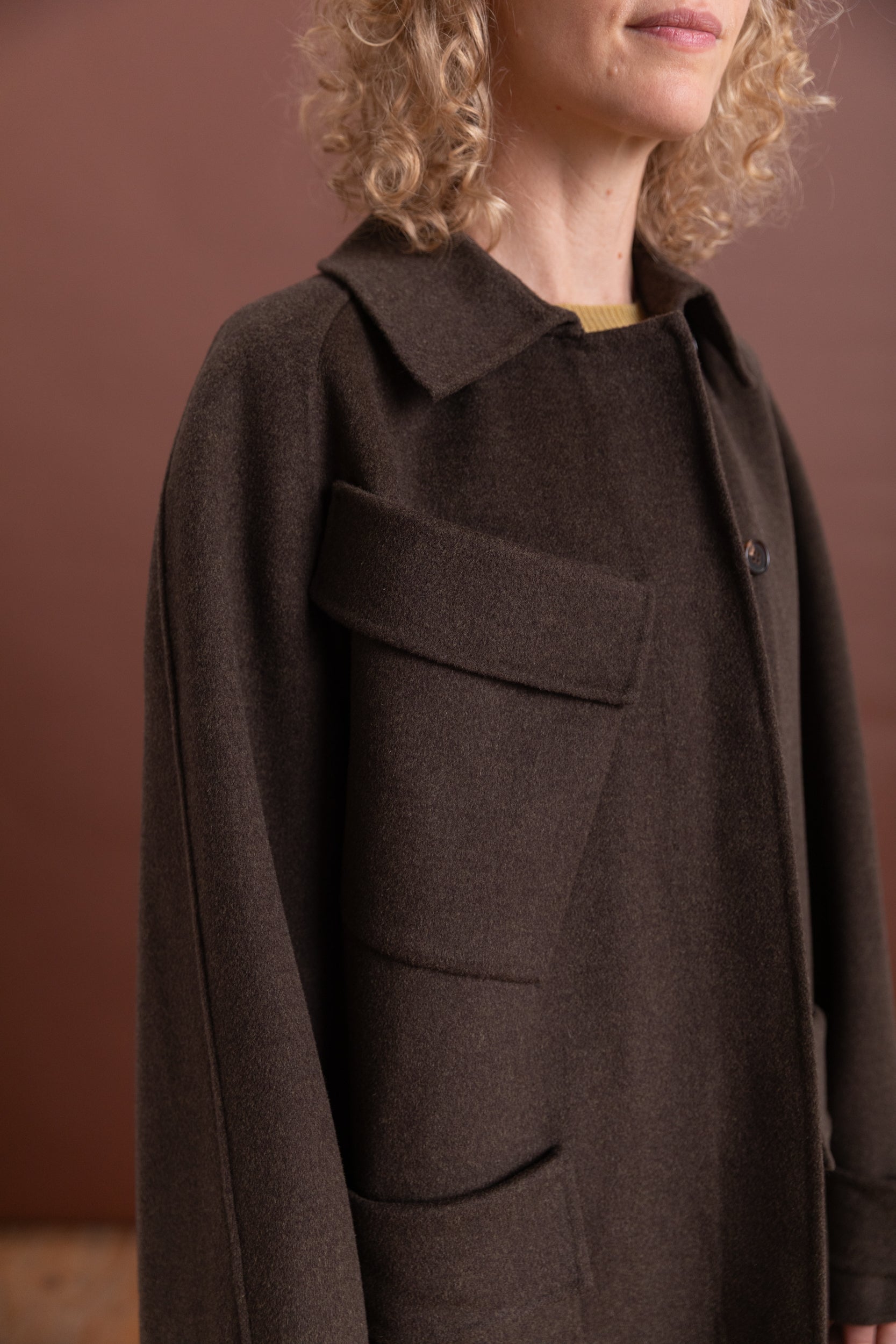 ALVES TRENCH IN BROWN MELANGE DOUBLEFACE TWILL WOOL