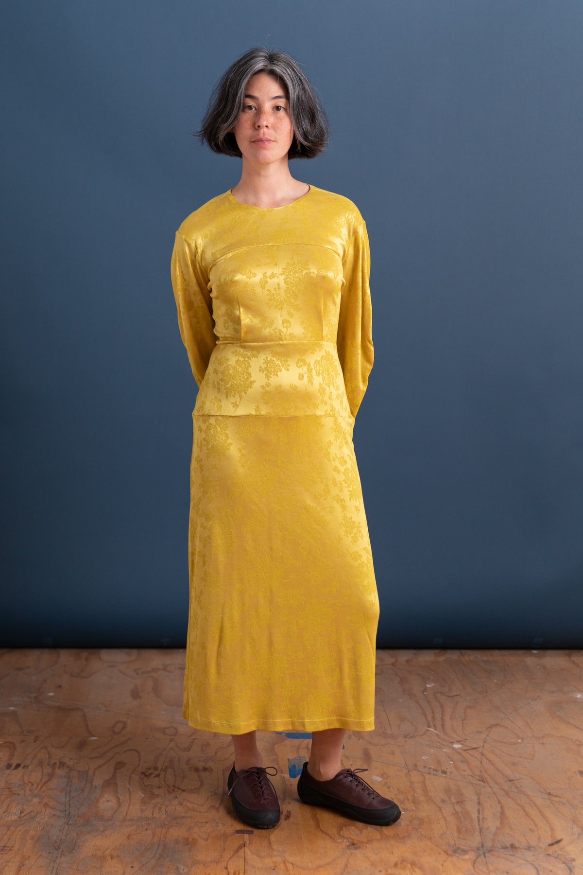IRVING DRESS IN MUSTARD PRIMULA PIQUE KNIT