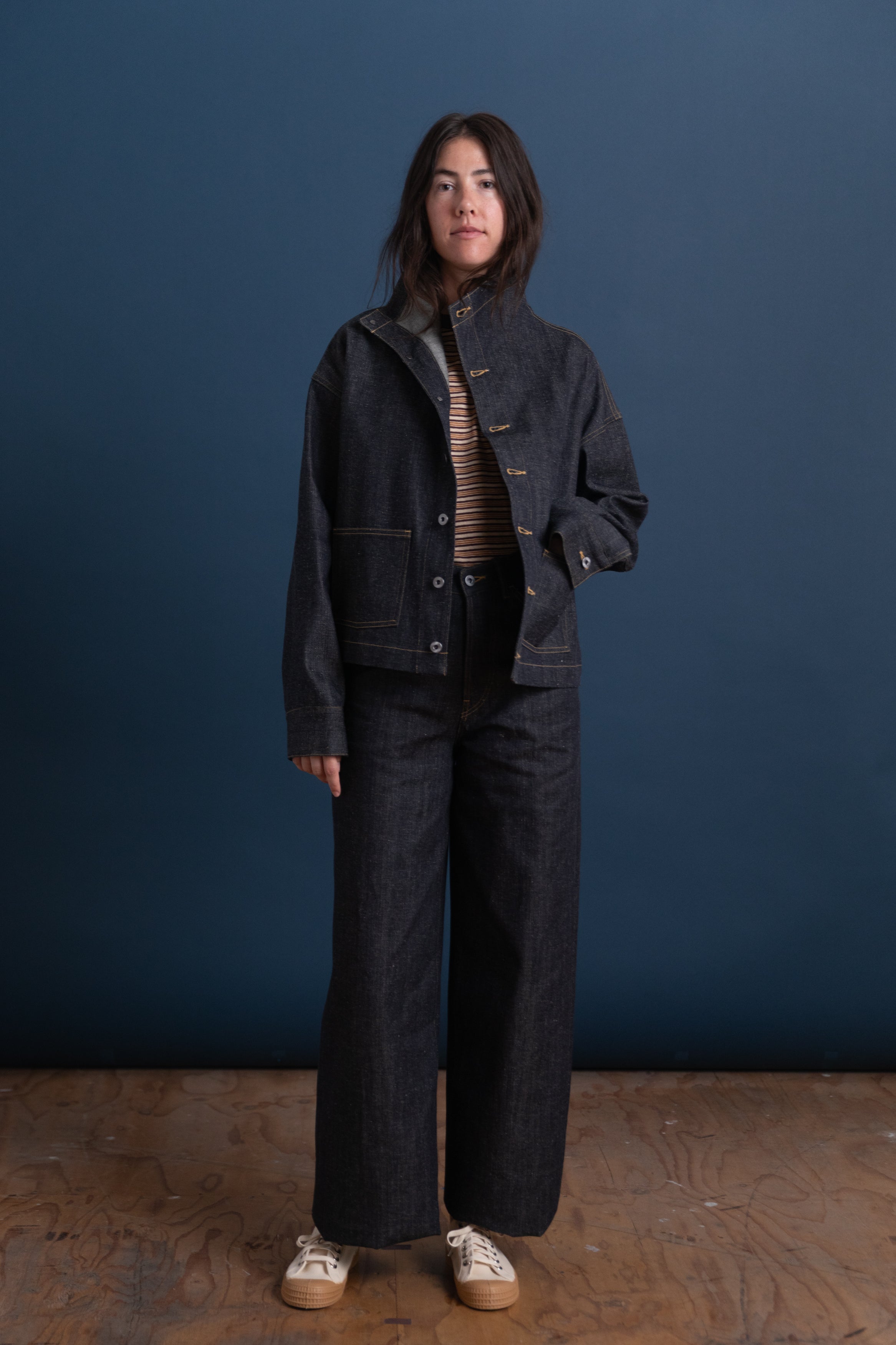 FUNNEL NECK COVERALL JACKET IN RAW DENIM