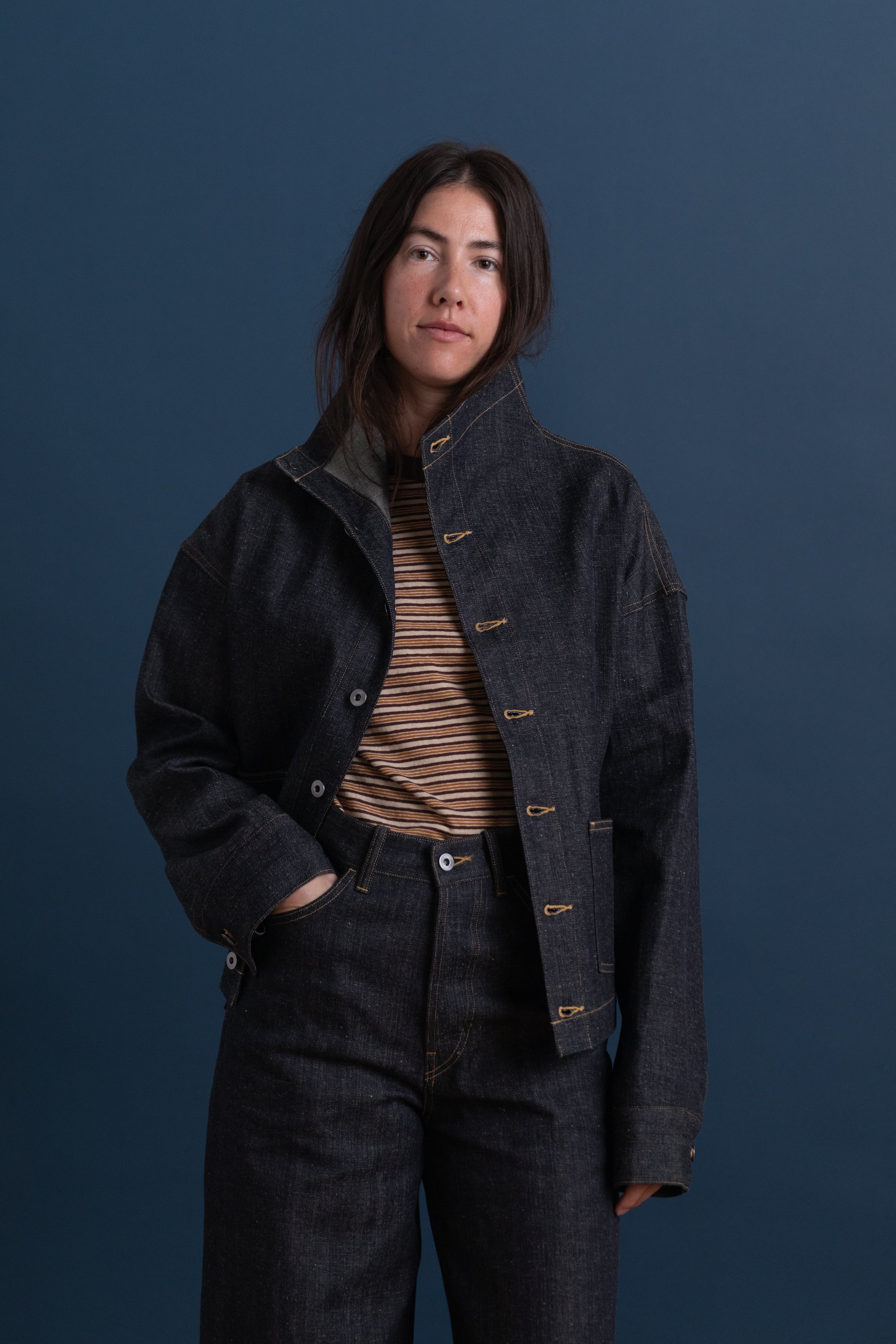 FUNNEL NECK COVERALL JACKET IN RAW DENIM