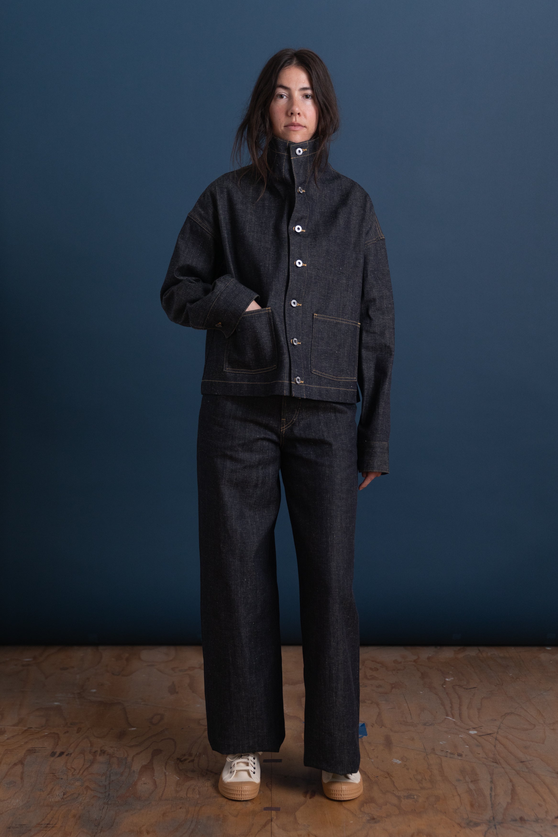 FUNNEL NECK COVERALL JACKET IN RAW DENIM