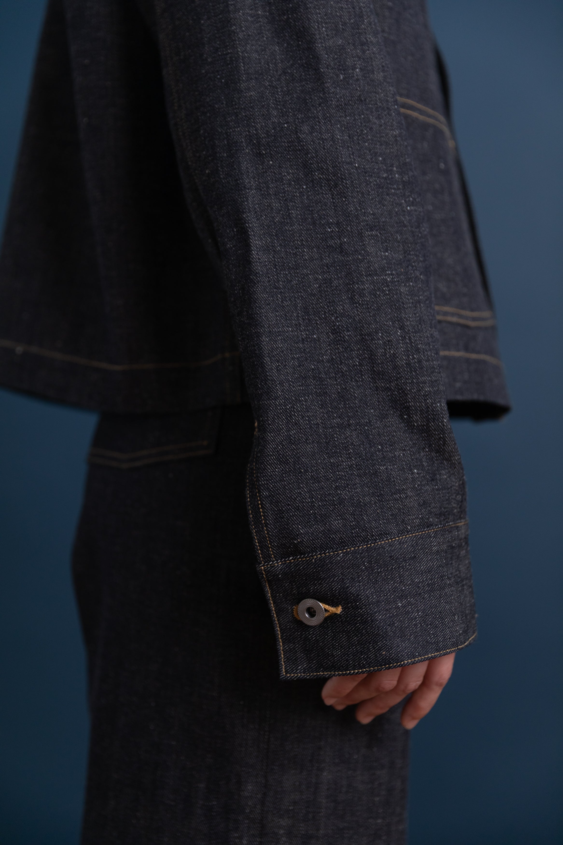 FUNNEL NECK COVERALL JACKET IN RAW DENIM