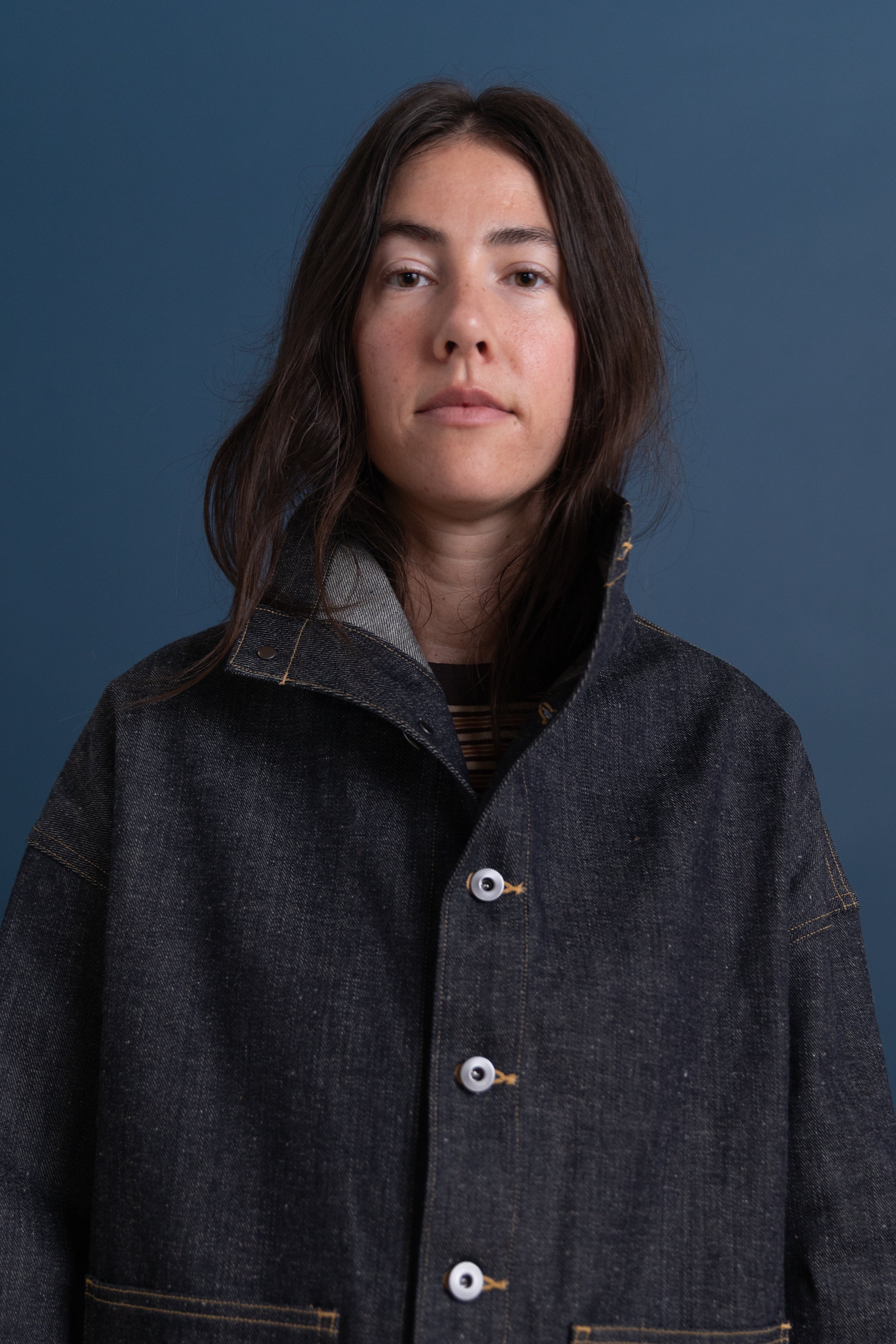 FUNNEL NECK COVERALL JACKET IN RAW DENIM