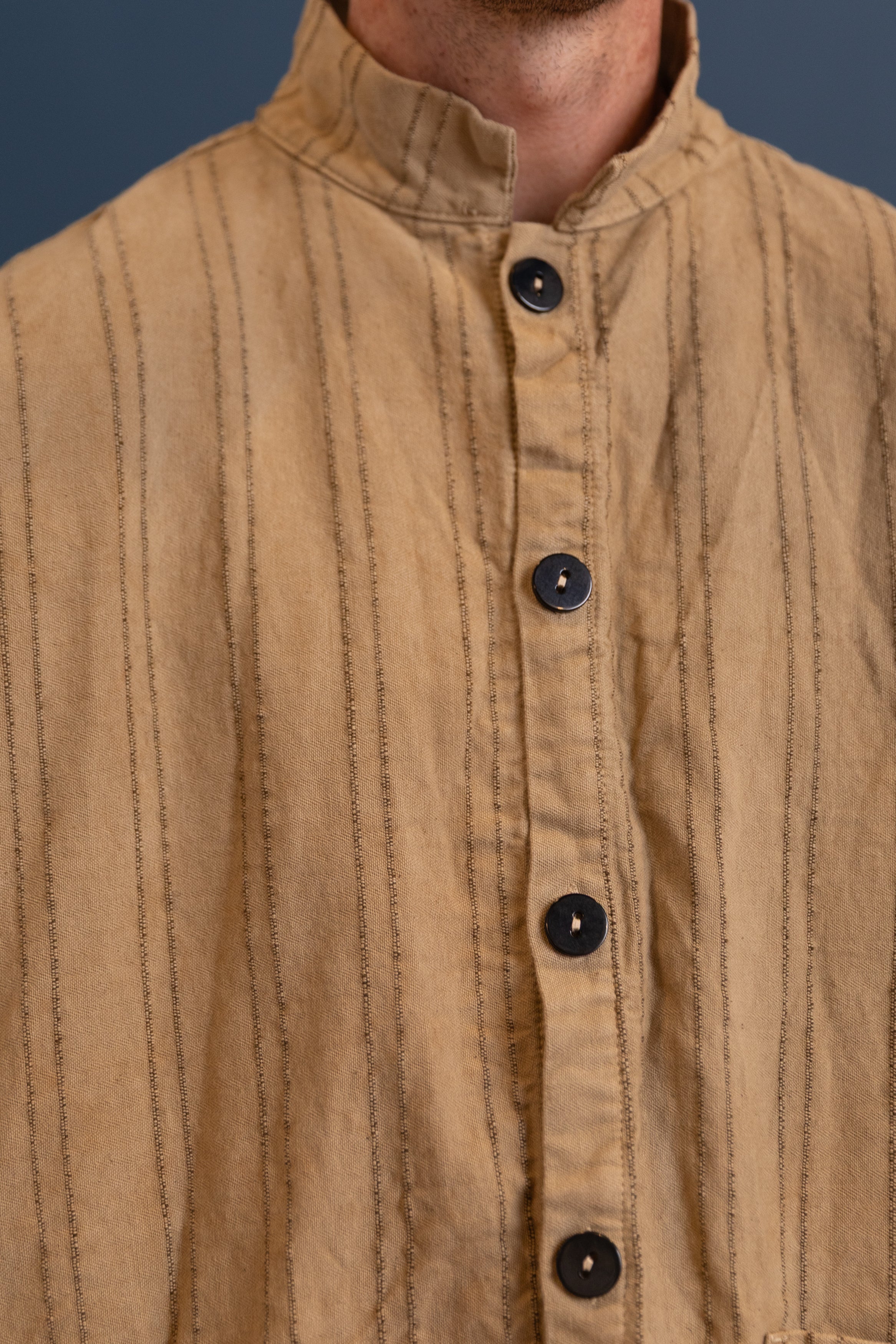 ISOSCELES SHIRT IN DRAB WELD WOOL STRIPE COTTON TATTERSALL
