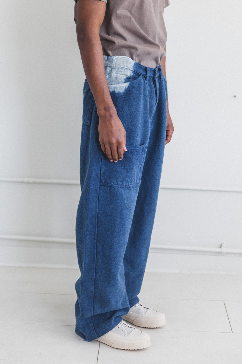 OXFORD GARDENERS TROUSERS IN INDIGO HEMP WOOL COTTON DENIM