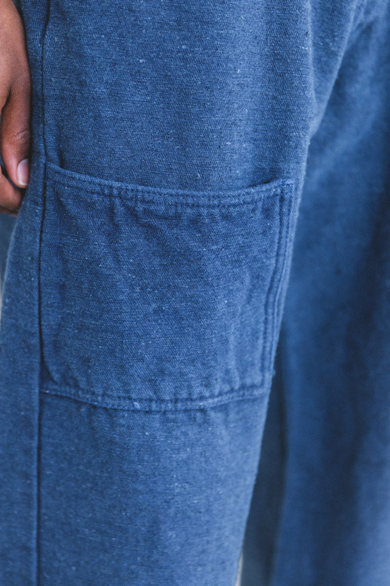 OXFORD GARDENERS TROUSERS IN INDIGO HEMP WOOL COTTON DENIM