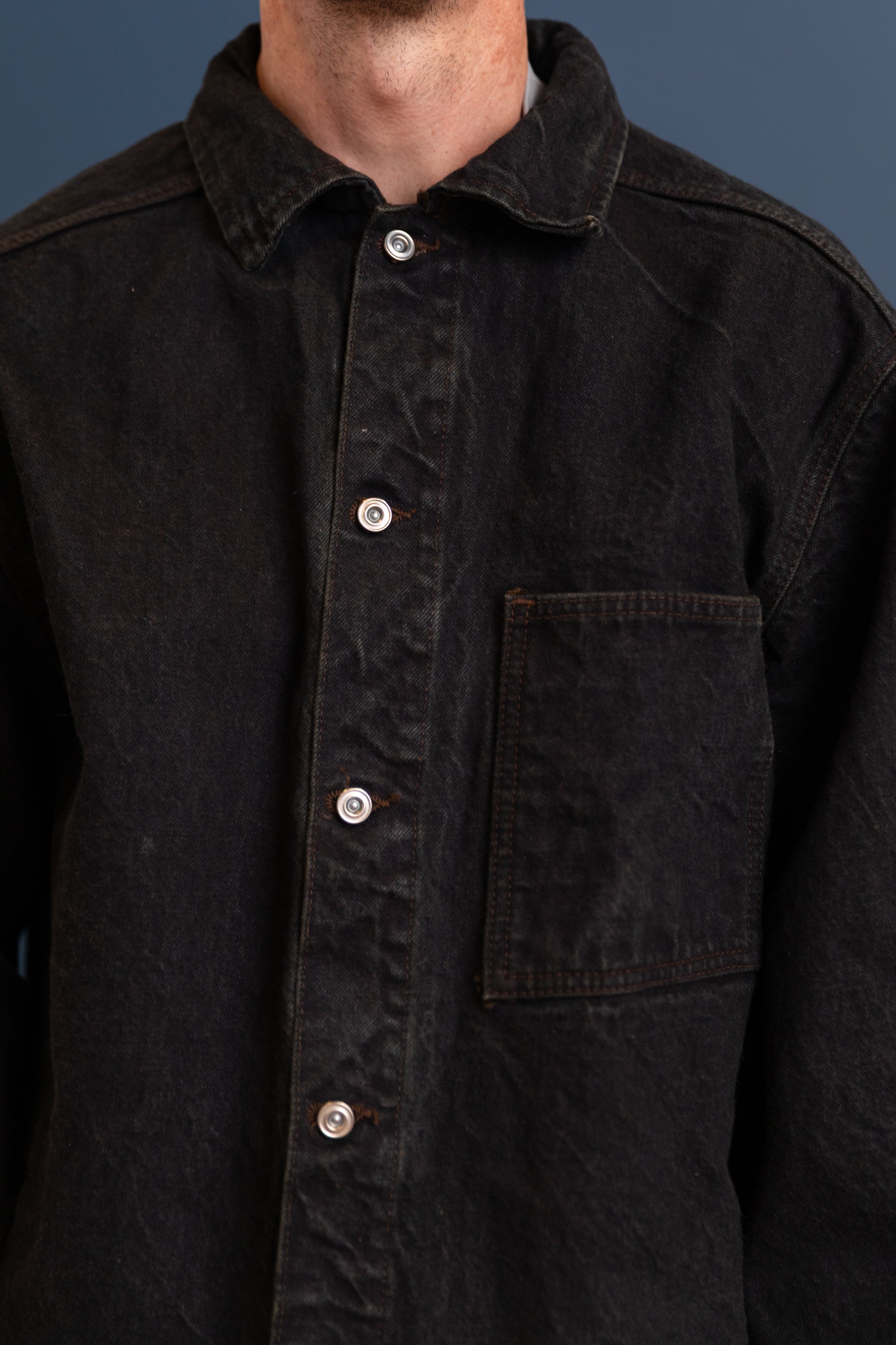 SHIRTMAKER'S JEANS JACKET IN BROWN HAT 16OZ SELVAGE DENIM