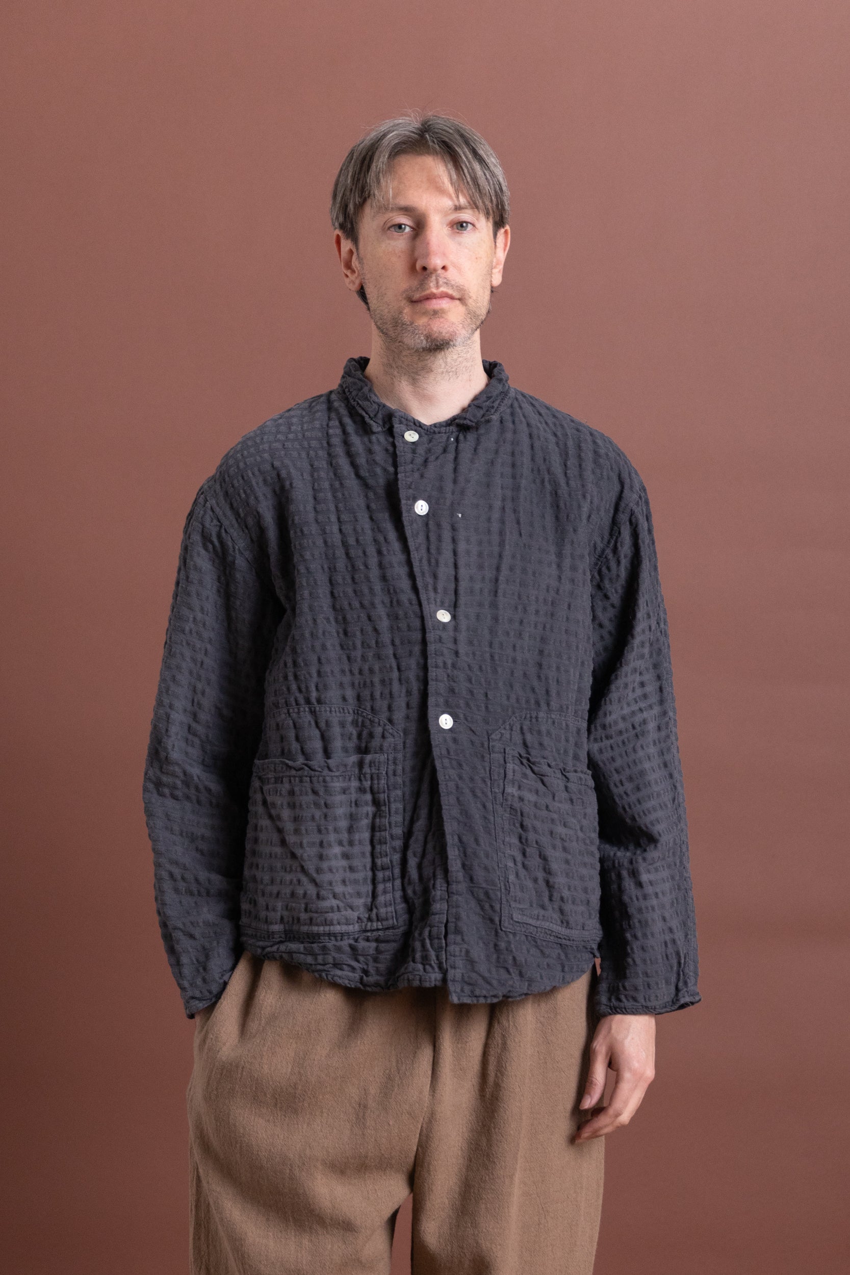 TWO:ONE BUTTERFLY JACKET IN CHESTNUT DYED WOOL COTTON SEERSUCKER