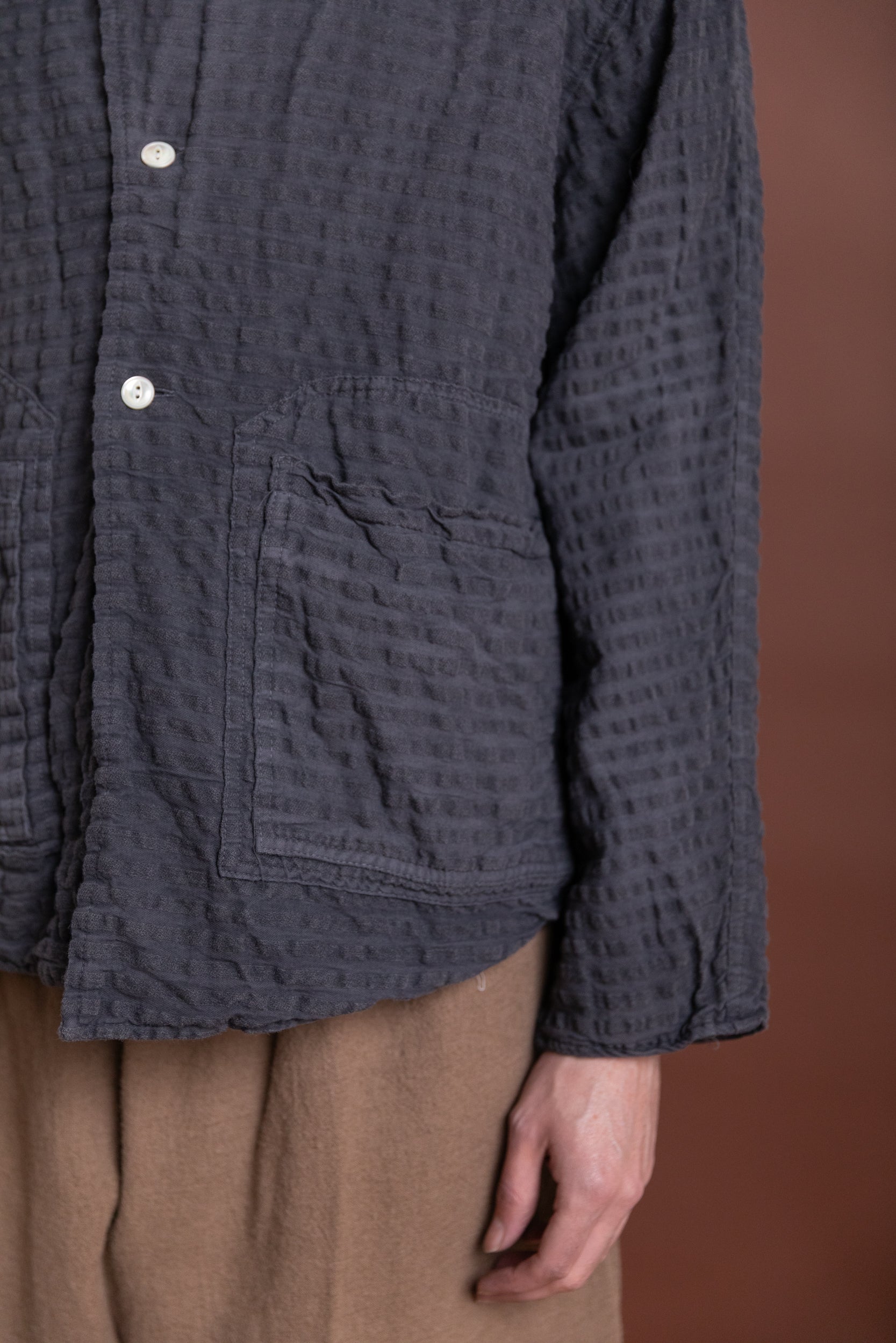 TWO:ONE BUTTERFLY JACKET IN CHESTNUT DYED WOOL COTTON SEERSUCKER