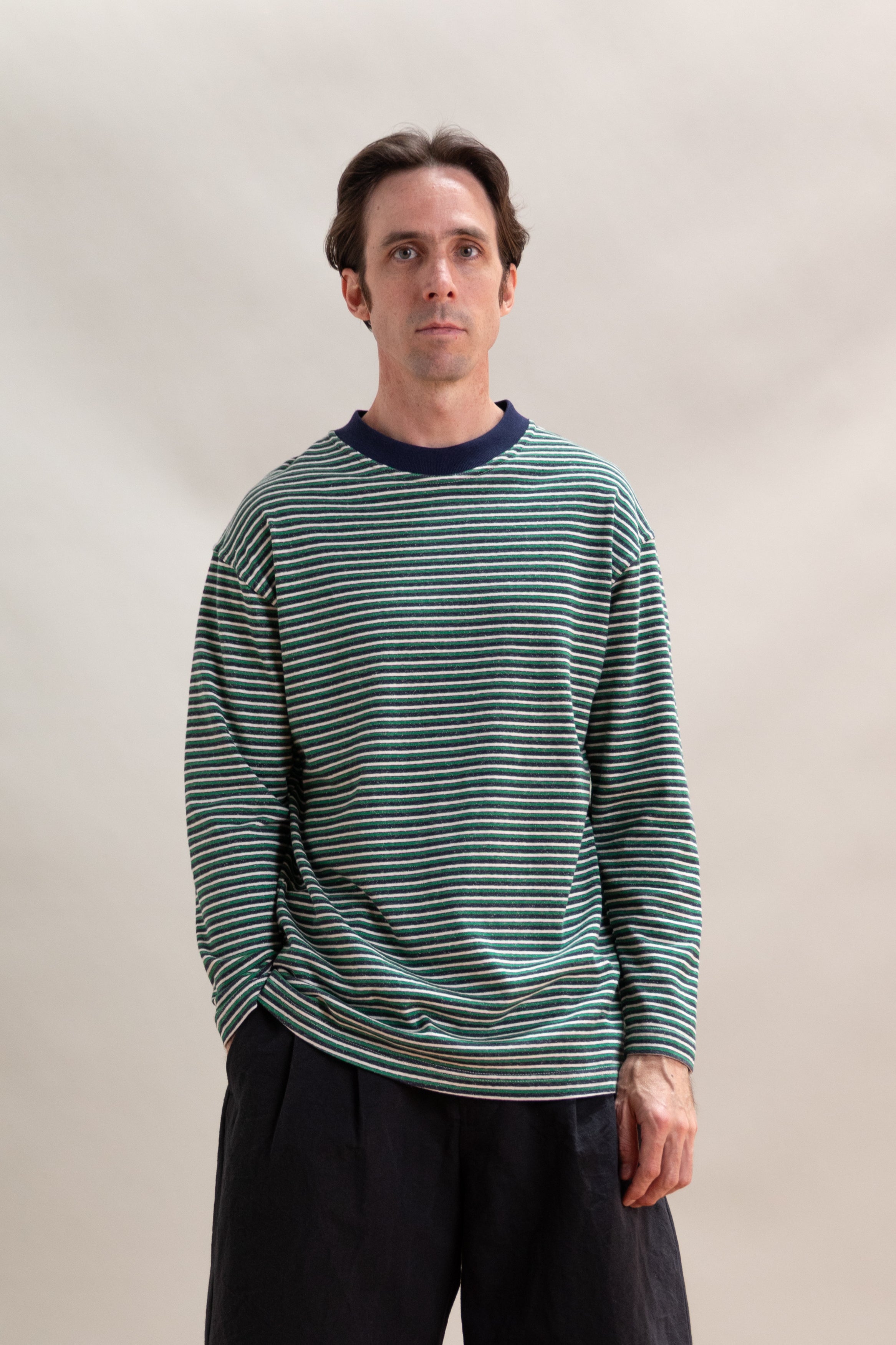 LONG SLEEVE TEE IN NAVY, GREEN AND WHITE STRIPE