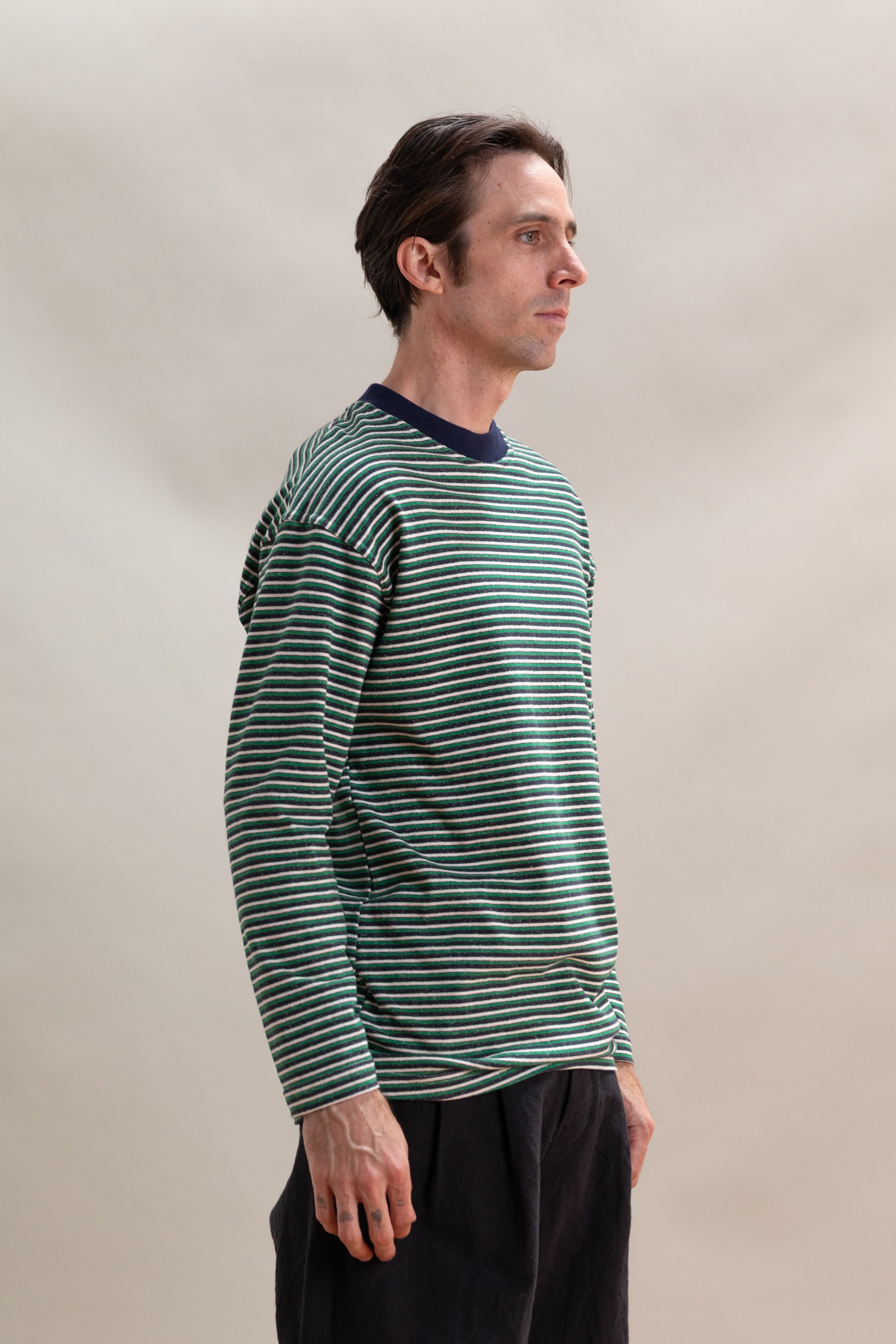 LONG SLEEVE TEE IN NAVY, GREEN AND WHITE STRIPE
