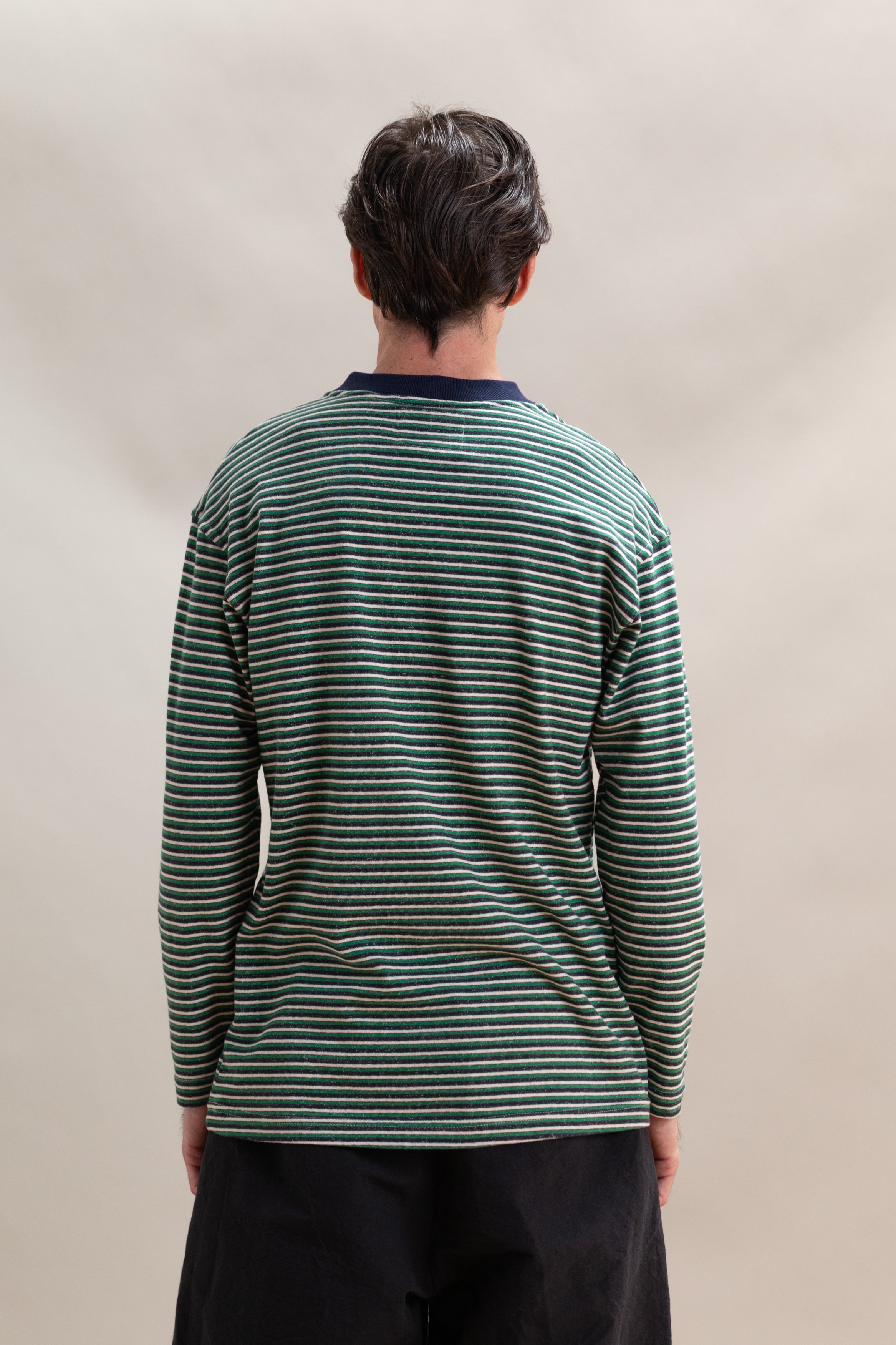 LONG SLEEVE TEE IN NAVY, GREEN AND WHITE STRIPE