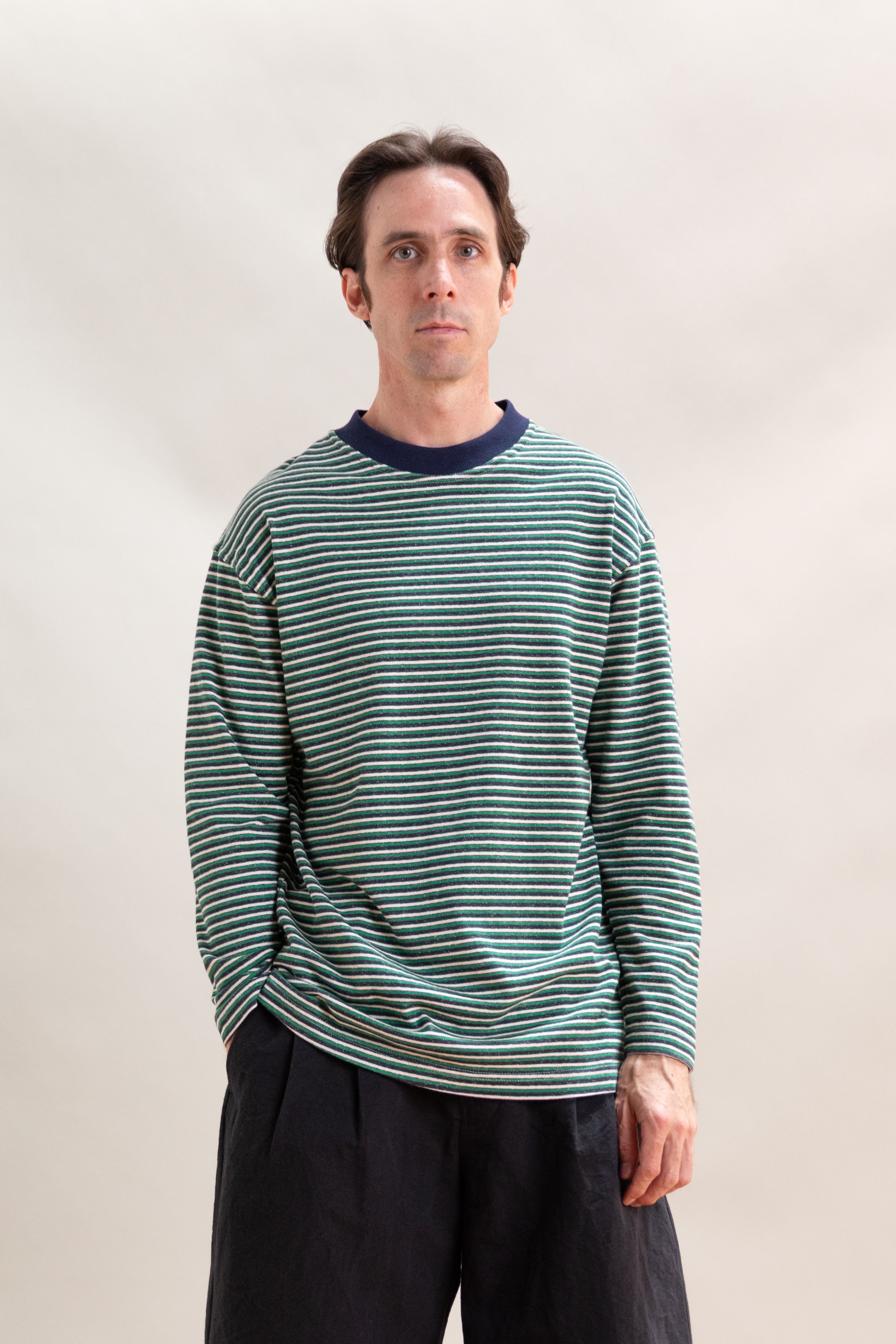 LONG SLEEVE TEE IN NAVY, GREEN AND WHITE STRIPE