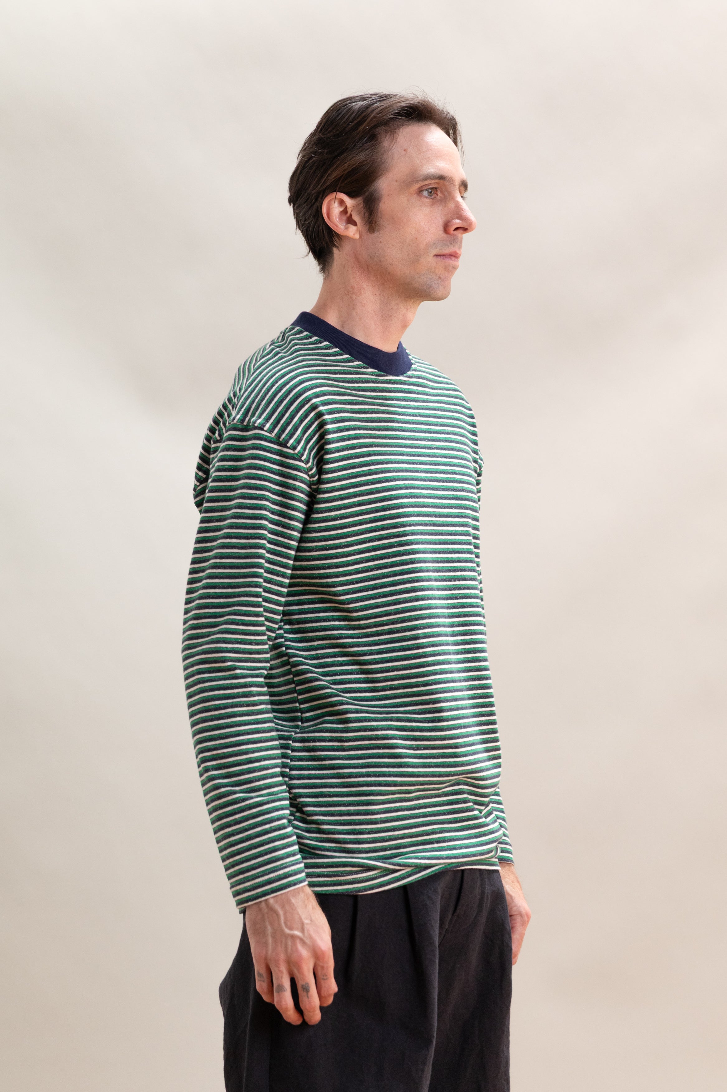 LONG SLEEVE TEE IN NAVY, GREEN AND WHITE STRIPE