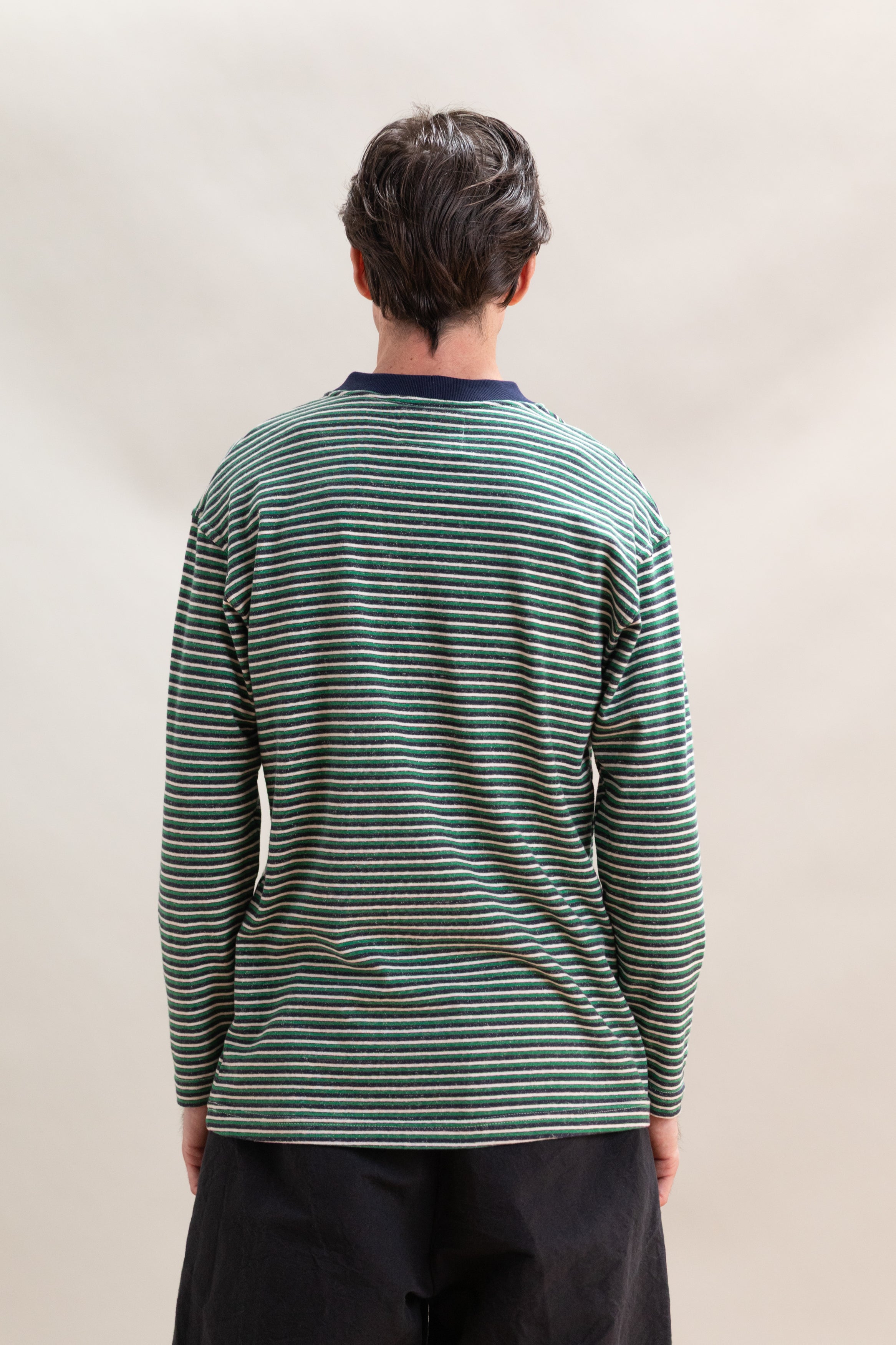 LONG SLEEVE TEE IN NAVY, GREEN AND WHITE STRIPE