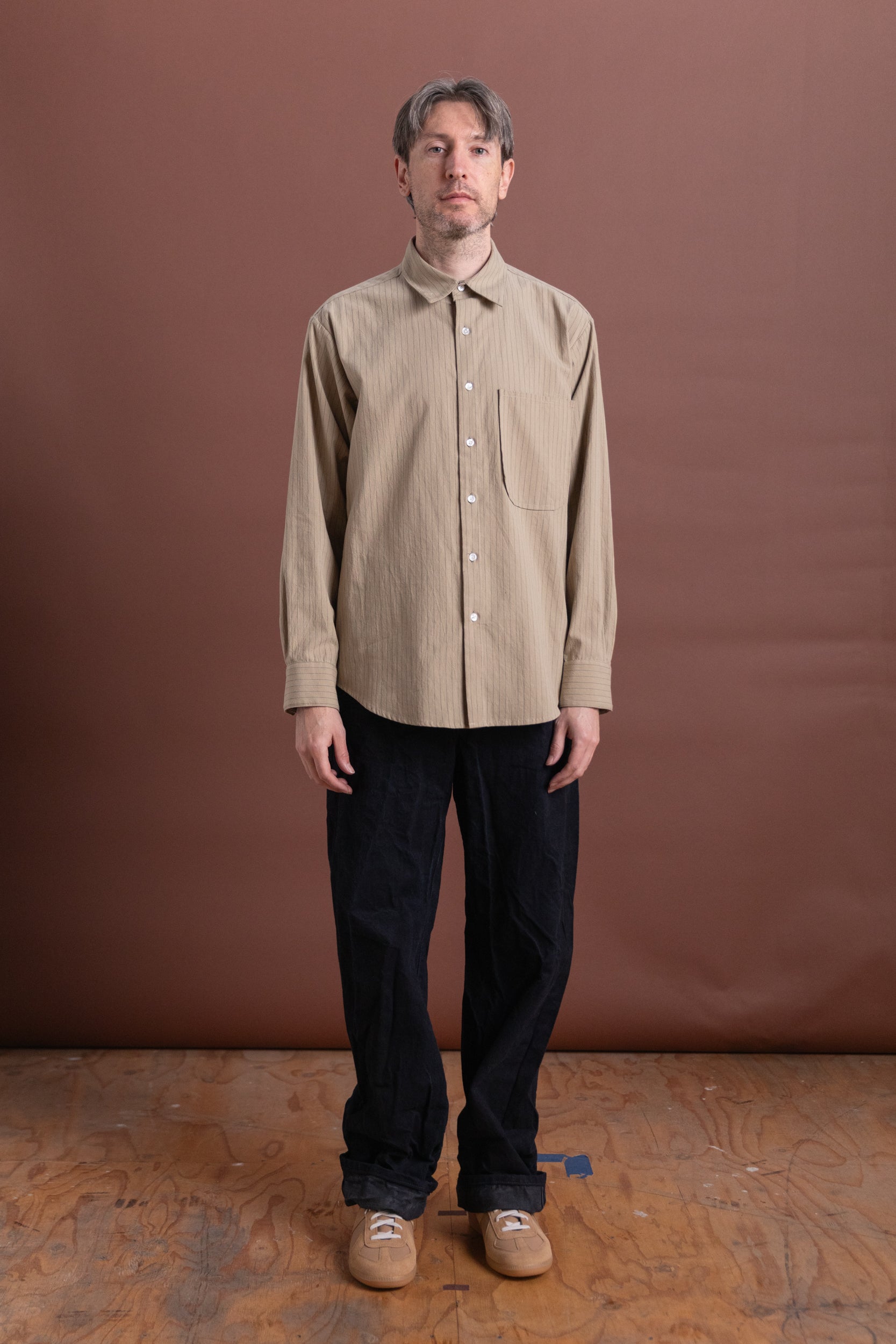 OFFICE SHIRT IN TAN STRIPE COTTON LINEN RAMIE