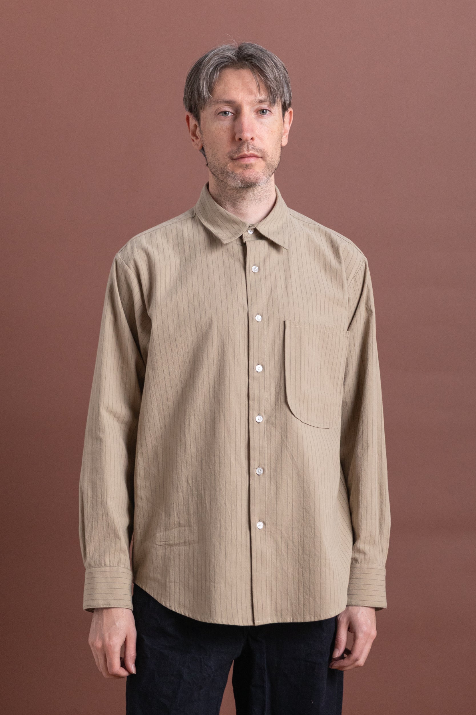 OFFICE SHIRT IN TAN STRIPE COTTON LINEN RAMIE