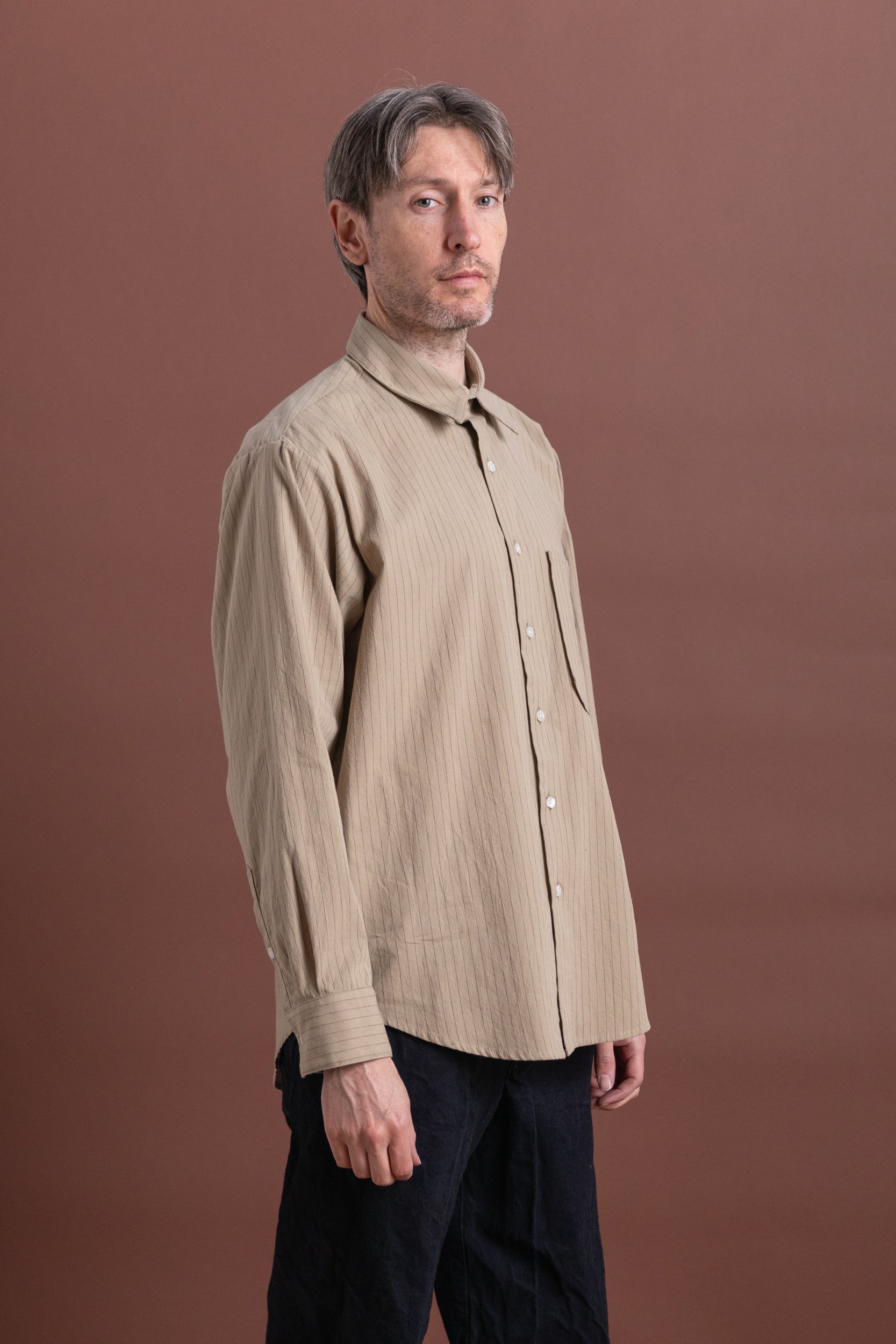 OFFICE SHIRT IN TAN STRIPE COTTON LINEN RAMIE