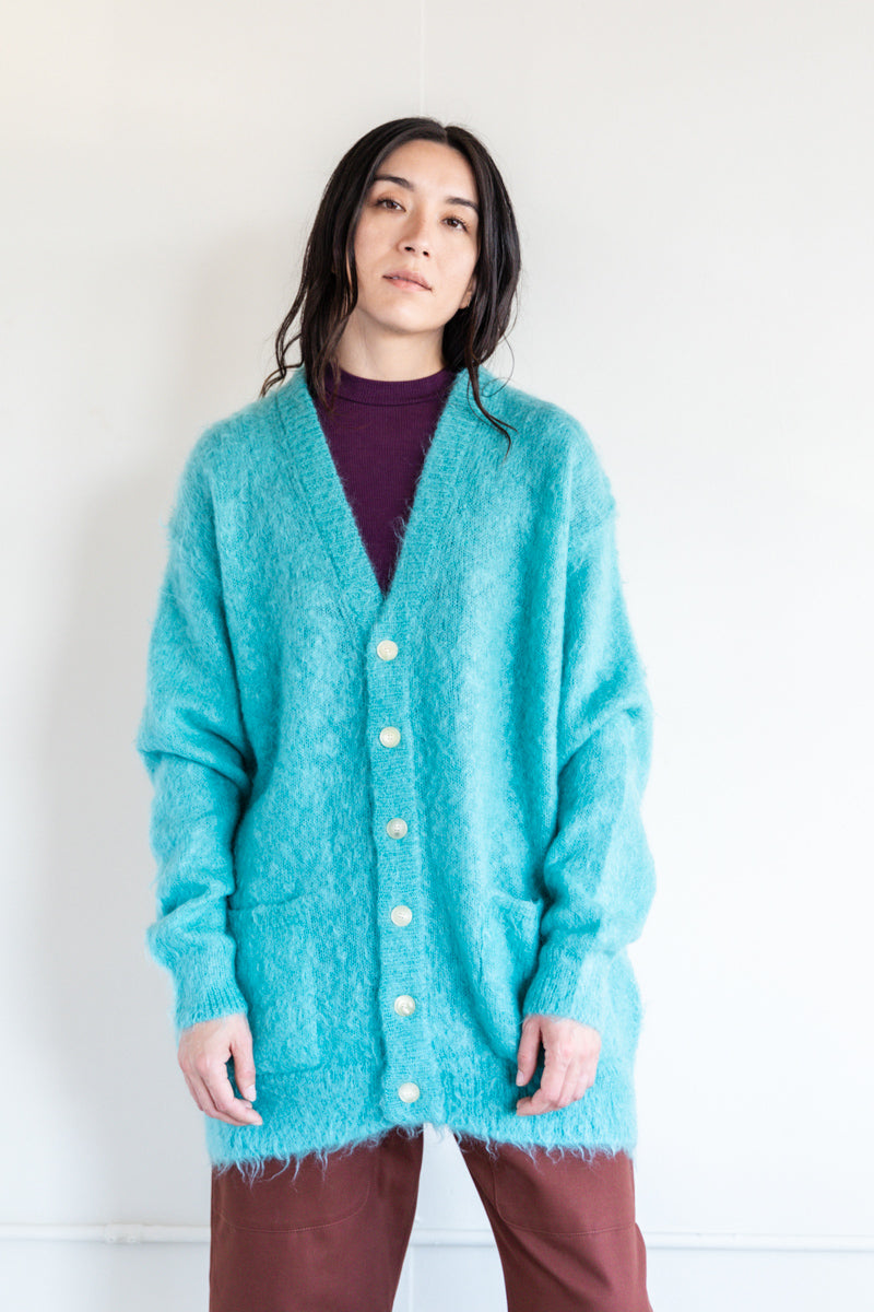 BRUSHED SUPER KID MOHAIR LONG CARDIGAN IN BLUE