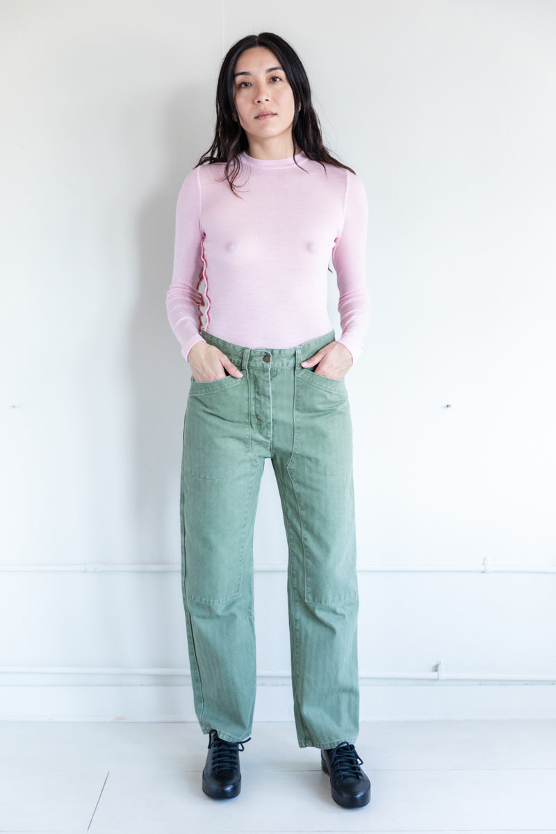 VALI PANT IN MOSS HERRINGBONE TWILL